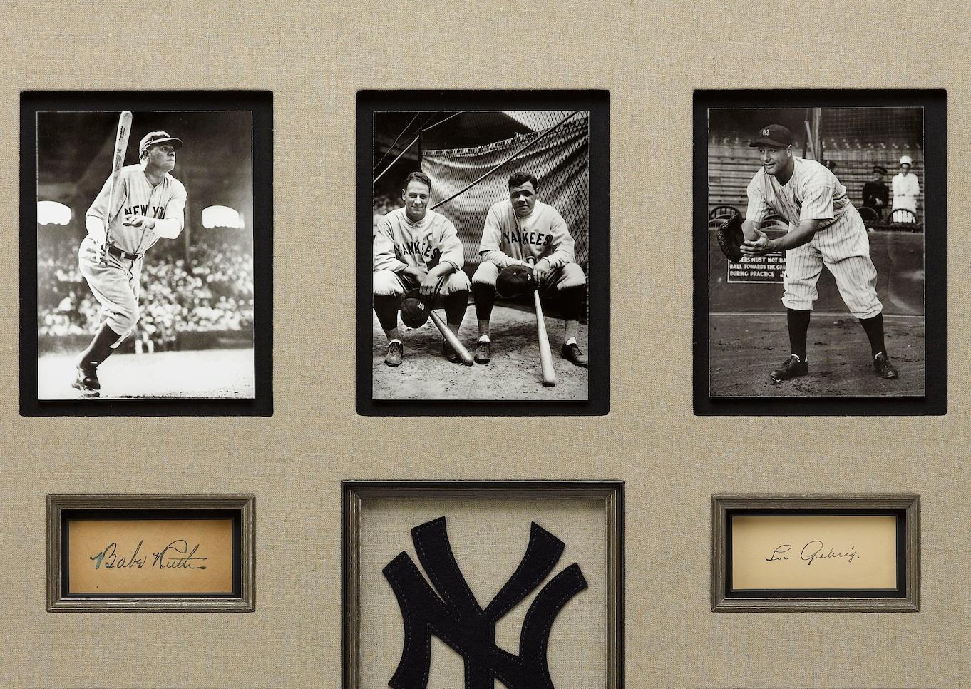 Celebrating two of America’s most famous baseball players, this collage features authentic signatures by Babe Ruth and Lou Gehrig. Both signatures are presented with photographs of the influential athletes and framed according to the highest