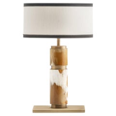 Babel Table Lamp in Horn, Brass, Ivory Shantung & Tosca Leather by Arcahorn