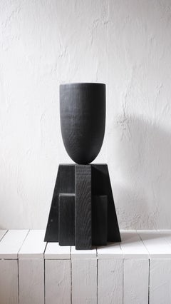 Contemporary Burnt Iroko Wood Goblet Vase with Geometric Base by Arno Declercq