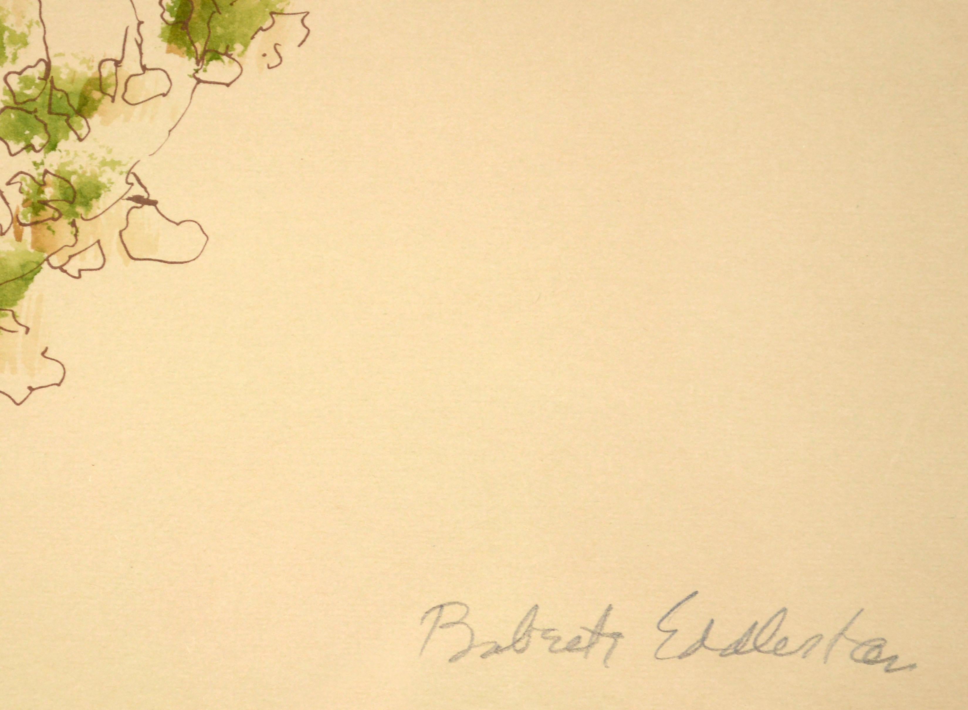 Sérigraphie botanique fantaisiste des années 1970, peinte à la main, représentant une plante, les larmes de bébé, par Babette Joslyn Bauman Eddleston (américaine, 1922-1990). Cette sérigraphie en édition limitée comporte des touches de couleur