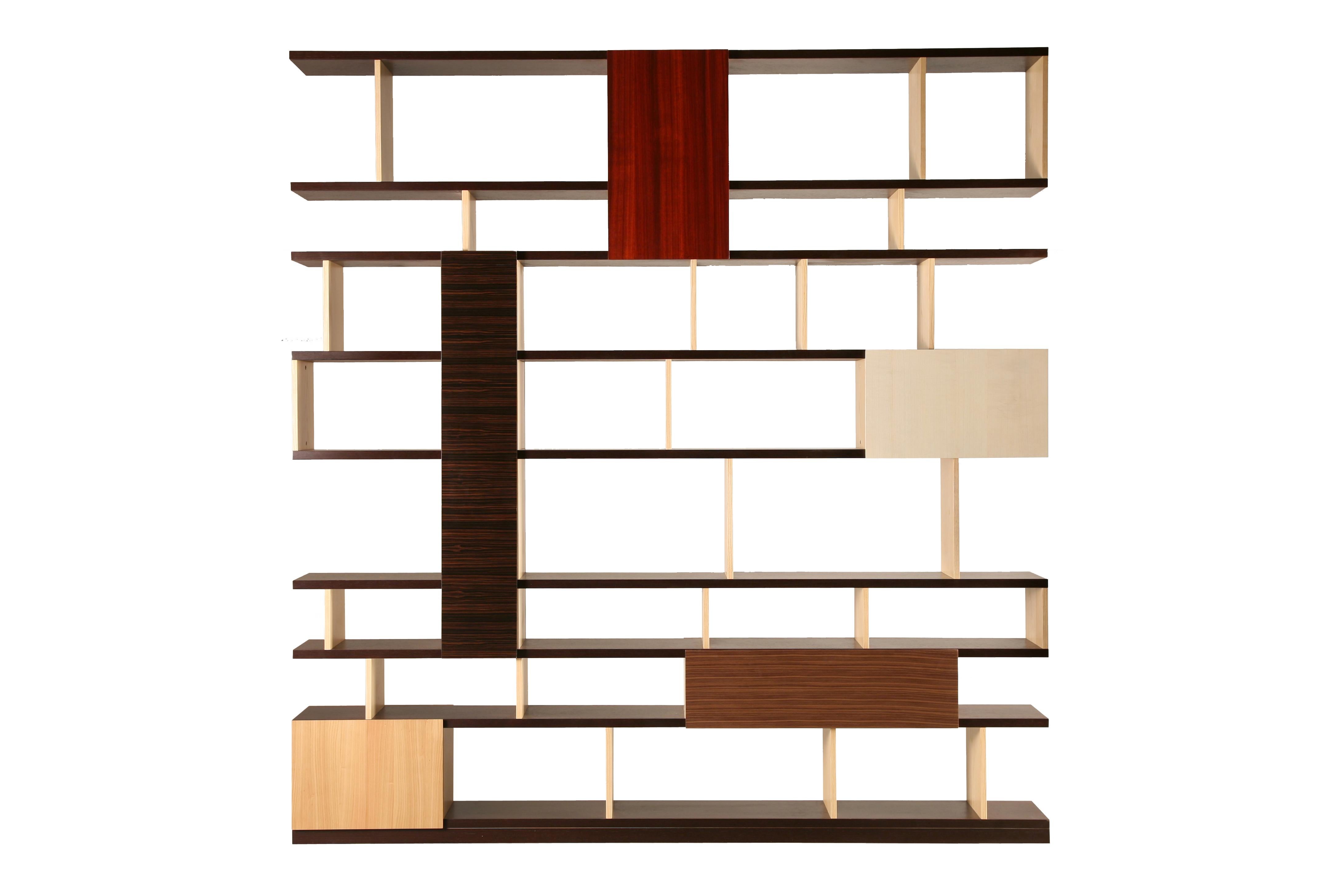 Contemporary style freestanding bookshelf with doors made of wengé, ash, maple, cherry, ebony, walnut and padouk woods

The structure is made of ash and wengé.

Designed by Maurizio Duranti

Made in italy by Morelato