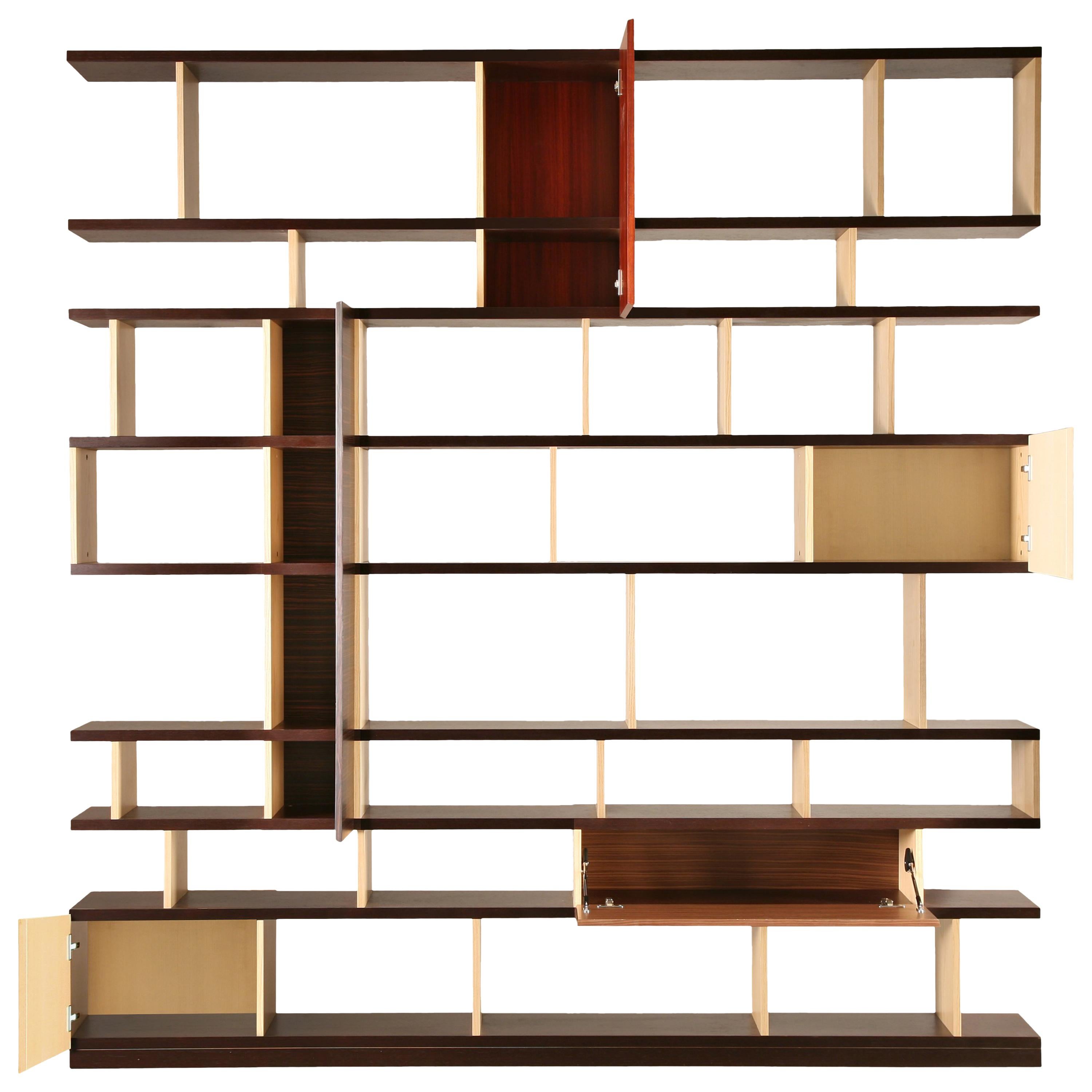 Babilonia, Freestanding Bookshelf with woods patchwork, design Maurizio Duranti