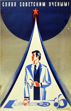 Original Vintage Soviet Propaganda Poster Glory To Soviet Scientists Space USSR