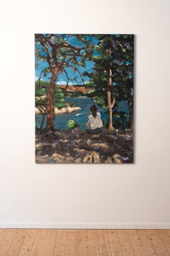 Cassis - femme assise sous des arbres à la bordure de la mer française
