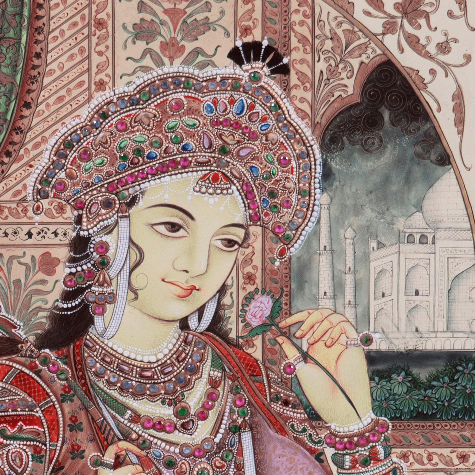 Signed lower right, 'Babu Lal' for Babu Lal Marotia (Indian, born 1961) and painted circa 1995.

A double portrait of Shah Jahan and his most favored wife, Mumtaz Mahal, exquisitely detailed and embellished with colored rhinestones. The two