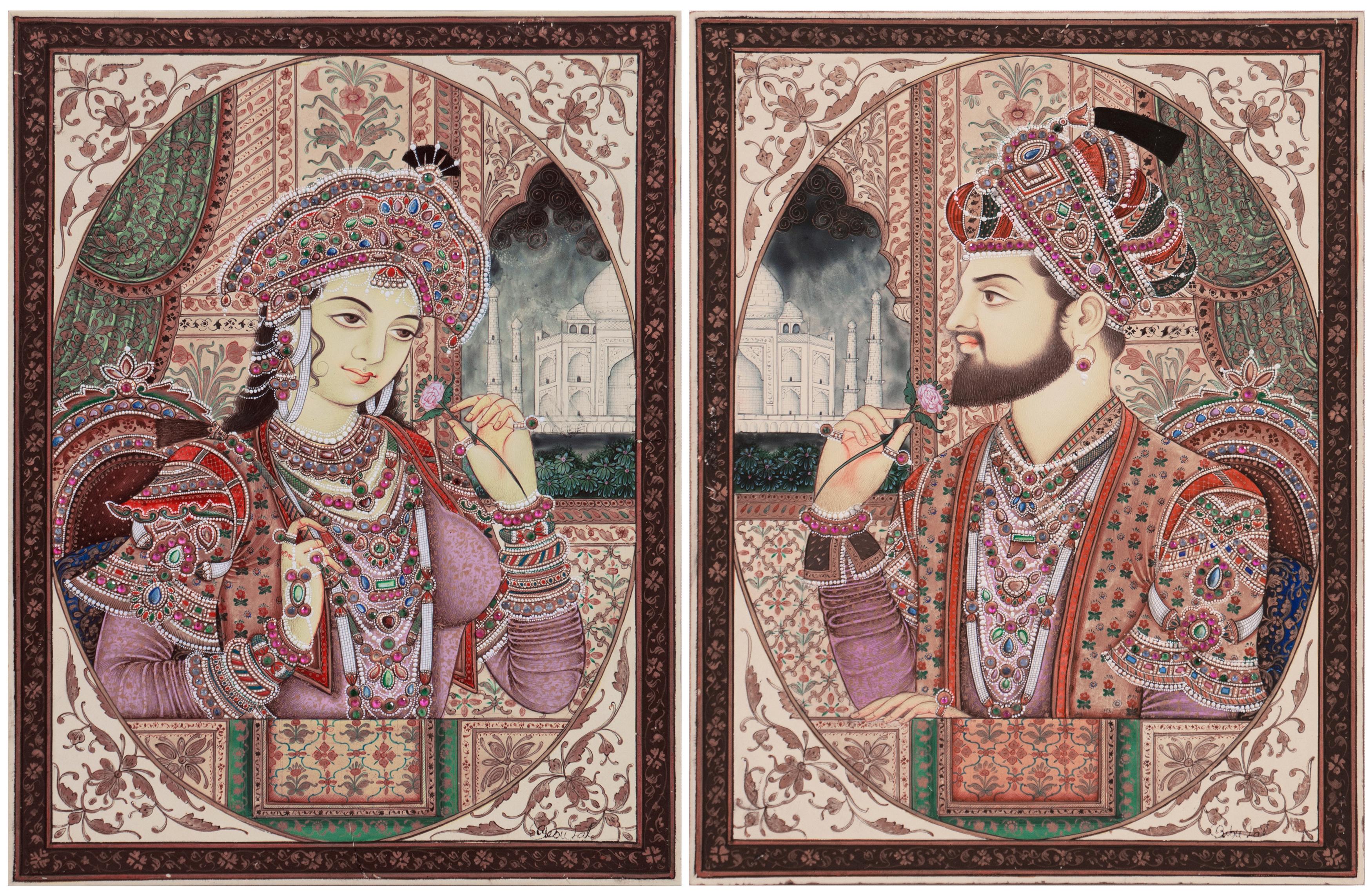 Babu Lal Marotia Figurative Painting - 'Shah Jahan and Mumtaz Mahal', Double Portrait, Mughal, Miniature, Jaipur, India