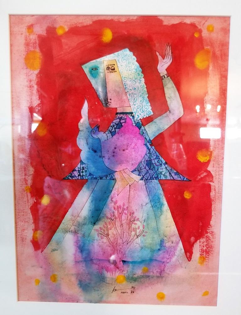 Babu Xavier Watercolor on Paper Bird & Woman For Sale 3