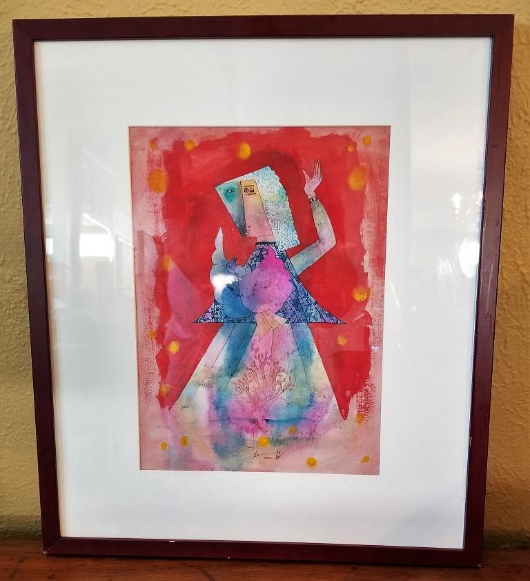 Babu Xavier Watercolor on Paper Bird & Woman For Sale 4