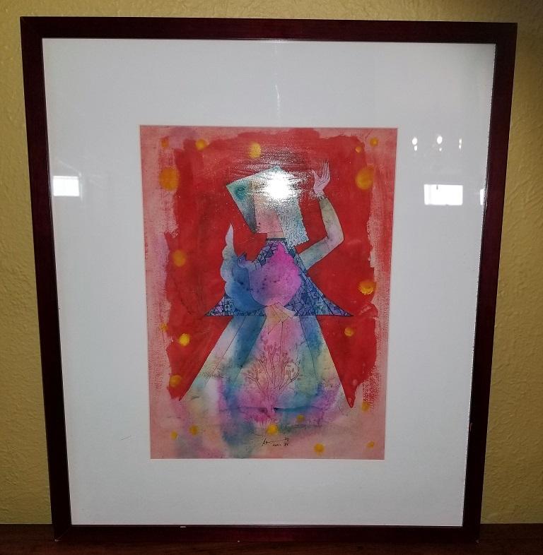 Babu Xavier Watercolor on Paper Bird & Woman For Sale 5