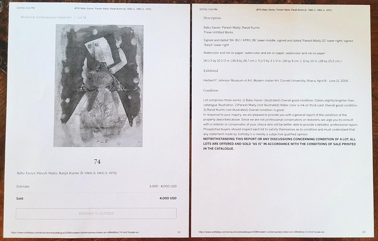 Moderne Babu Xavier Aquarelle sur papier Oiseau et femme en vente