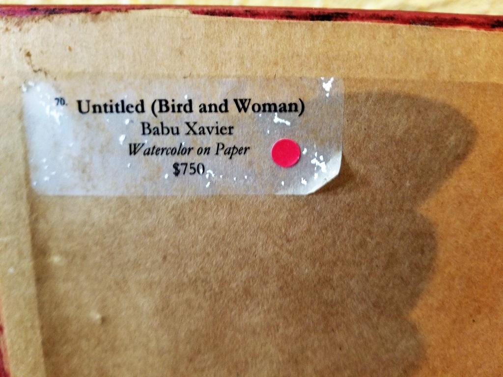 Babu Xavier Watercolor on Paper Bird & Woman In Good Condition For Sale In Dallas, TX