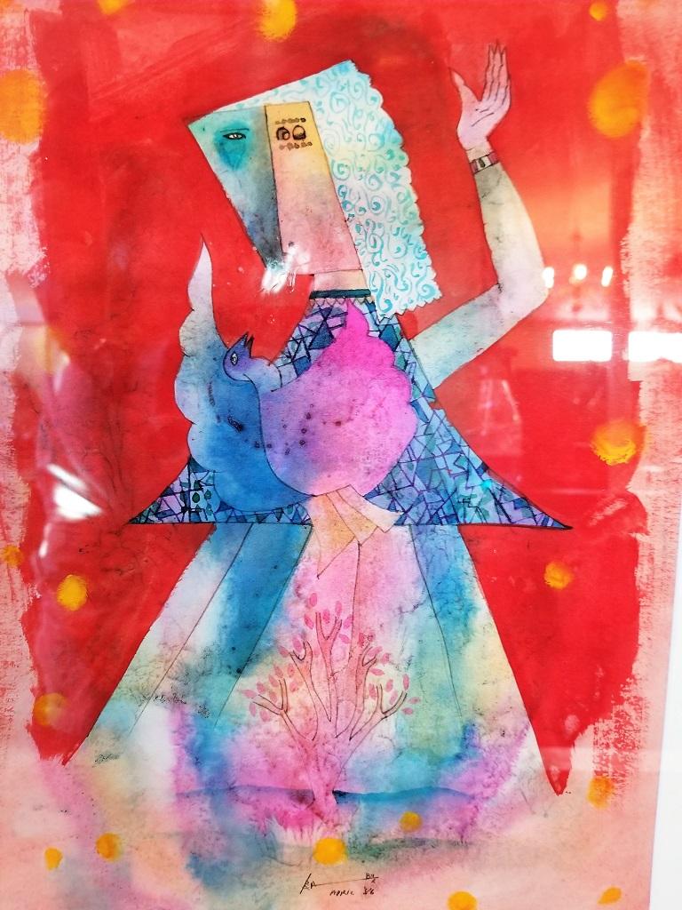 Babu Xavier Watercolor on Paper Bird & Woman For Sale 1