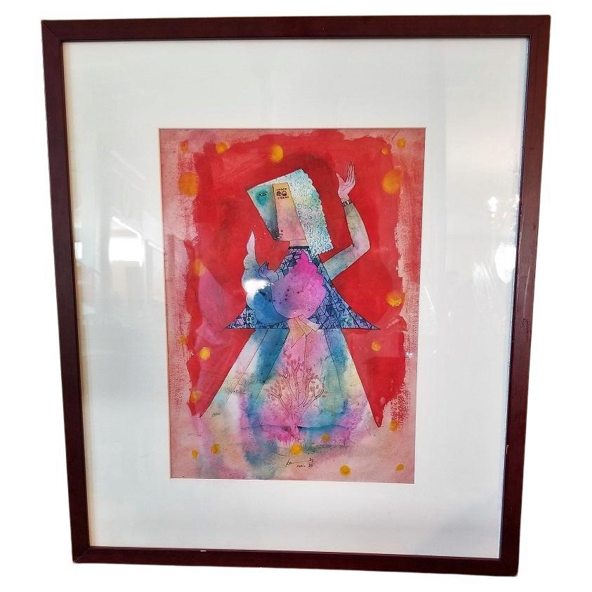 Babu Xavier Aquarelle sur papier Oiseau et femme
