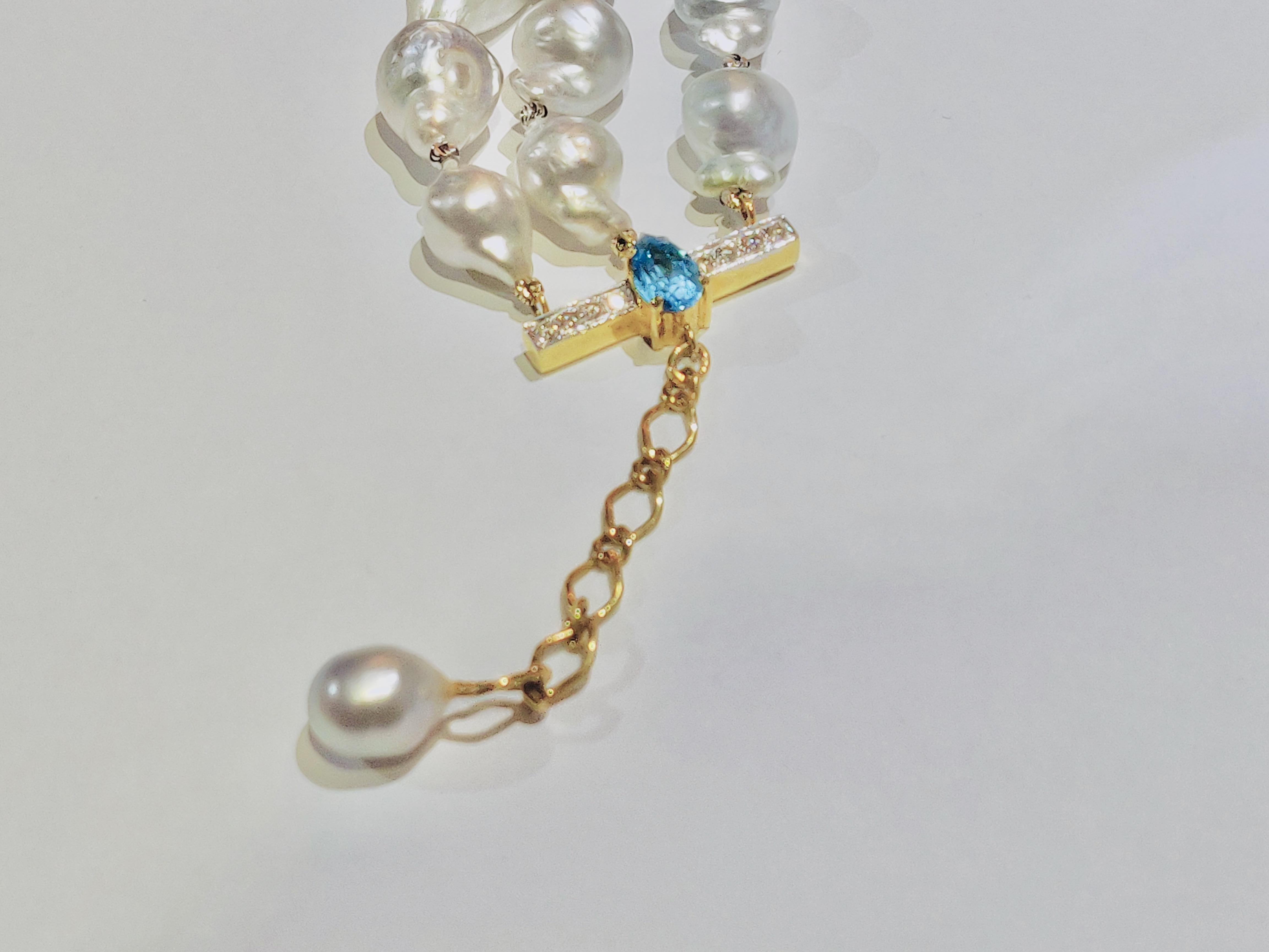 Mixed Cut 3-Stranded Baby Baroque Silvery White South Sea Pearl Diamond 18k Gold Bracelet For Sale