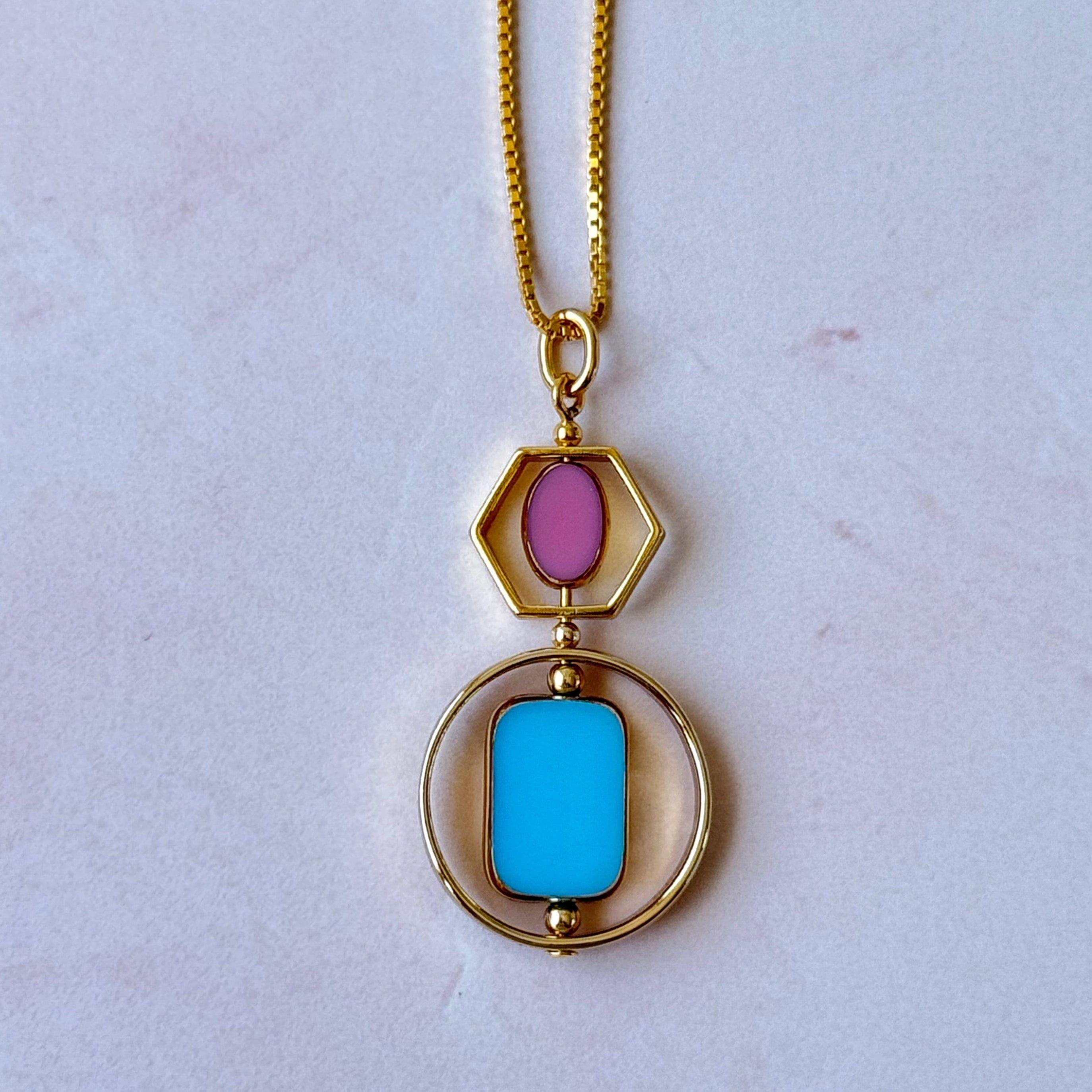Art Déco Collana con ciondolo in vetro vintage Bauhaus blu e rosa, placcato oro 18 carati, A. Silver in vendita
