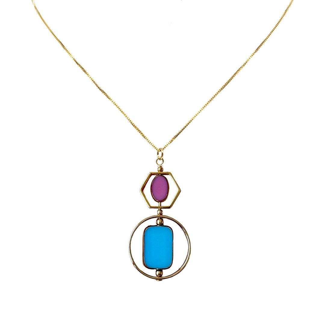 Collana con ciondolo in vetro vintage Bauhaus blu e rosa, placcato oro 18 carati, A. Silver In condizioni Nuovo in vendita a Monrovia, CA