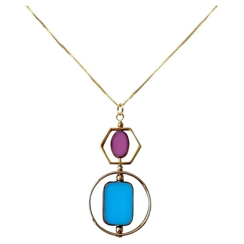 Collana con ciondolo in vetro vintage Bauhaus blu e rosa, placcato oro 18 carati, A. Silver in vendita