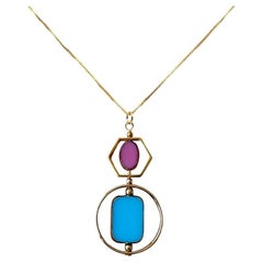 Baby Blue and Pink Vintage Glass Bauhaus 18K Gold-plated Silver Pendant Necklace