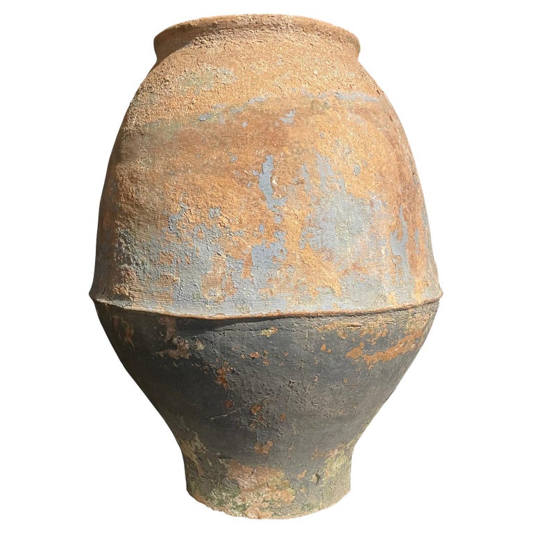 Baby Blue and Terracotta Aged Patina Olive Pot, Spain, 19th Century For Sale