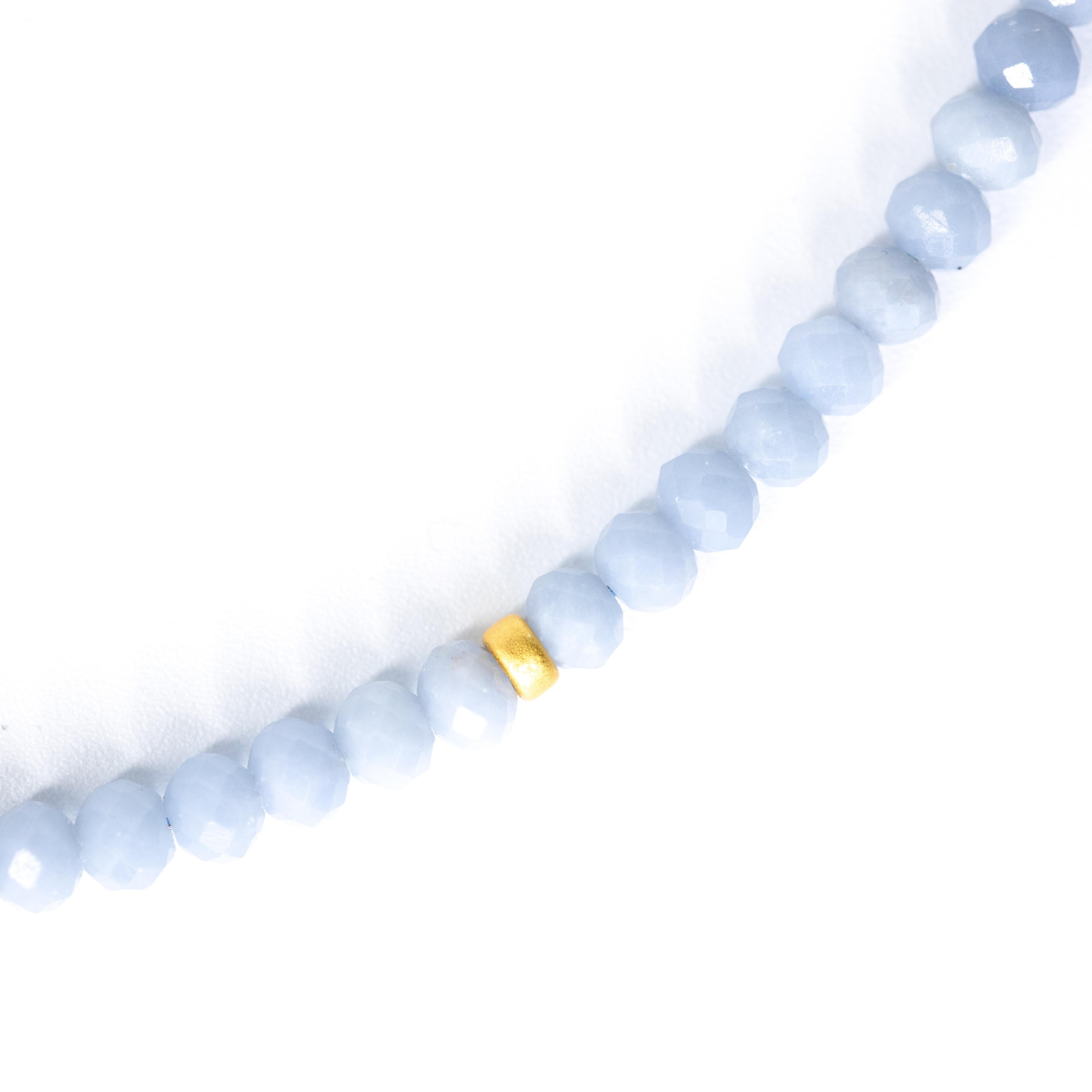Baby Blue Angelite Gold Beaded Necklace  In New Condition For Sale In Westport, CT