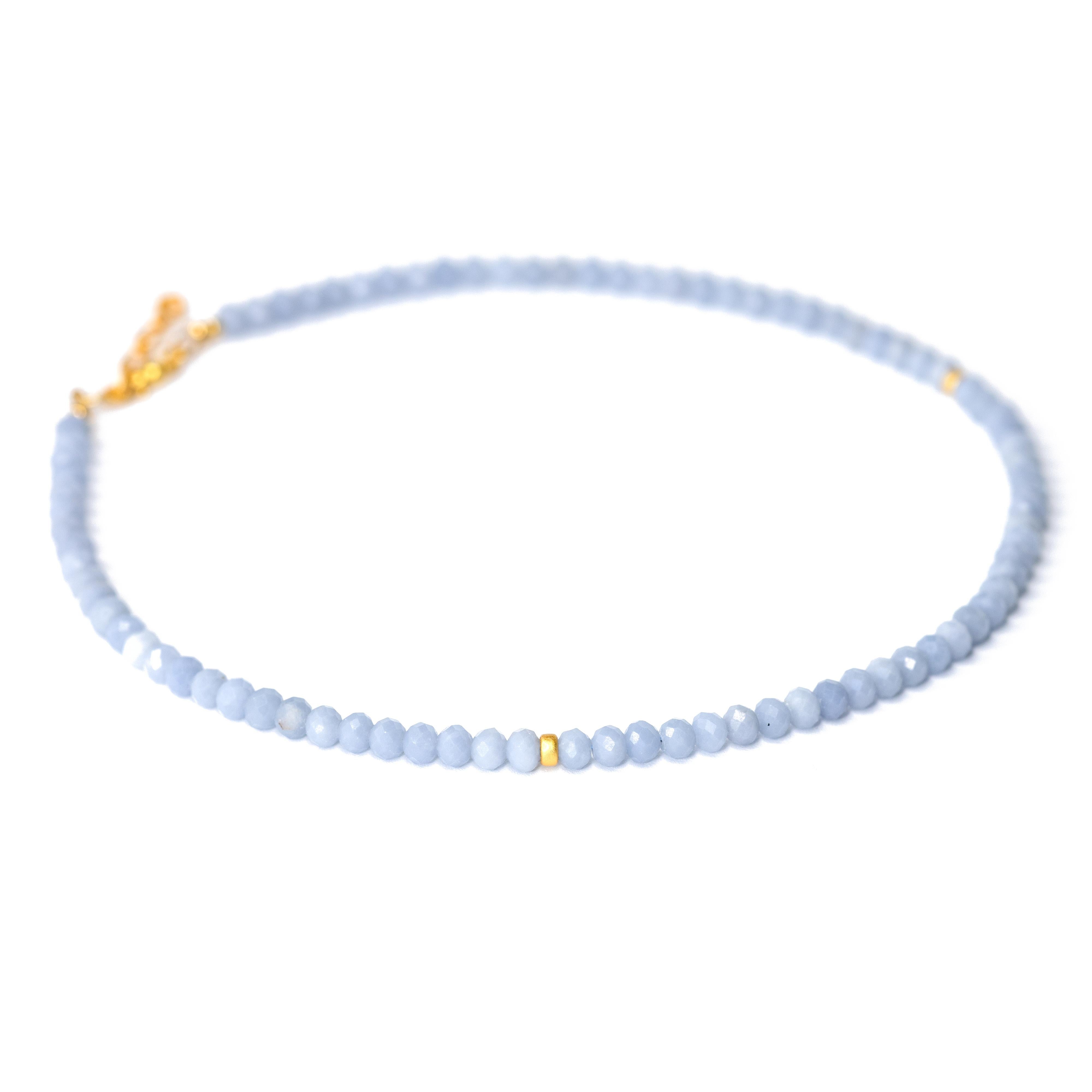 Baby Blue Angelite Gold Beaded Necklace  For Sale 1