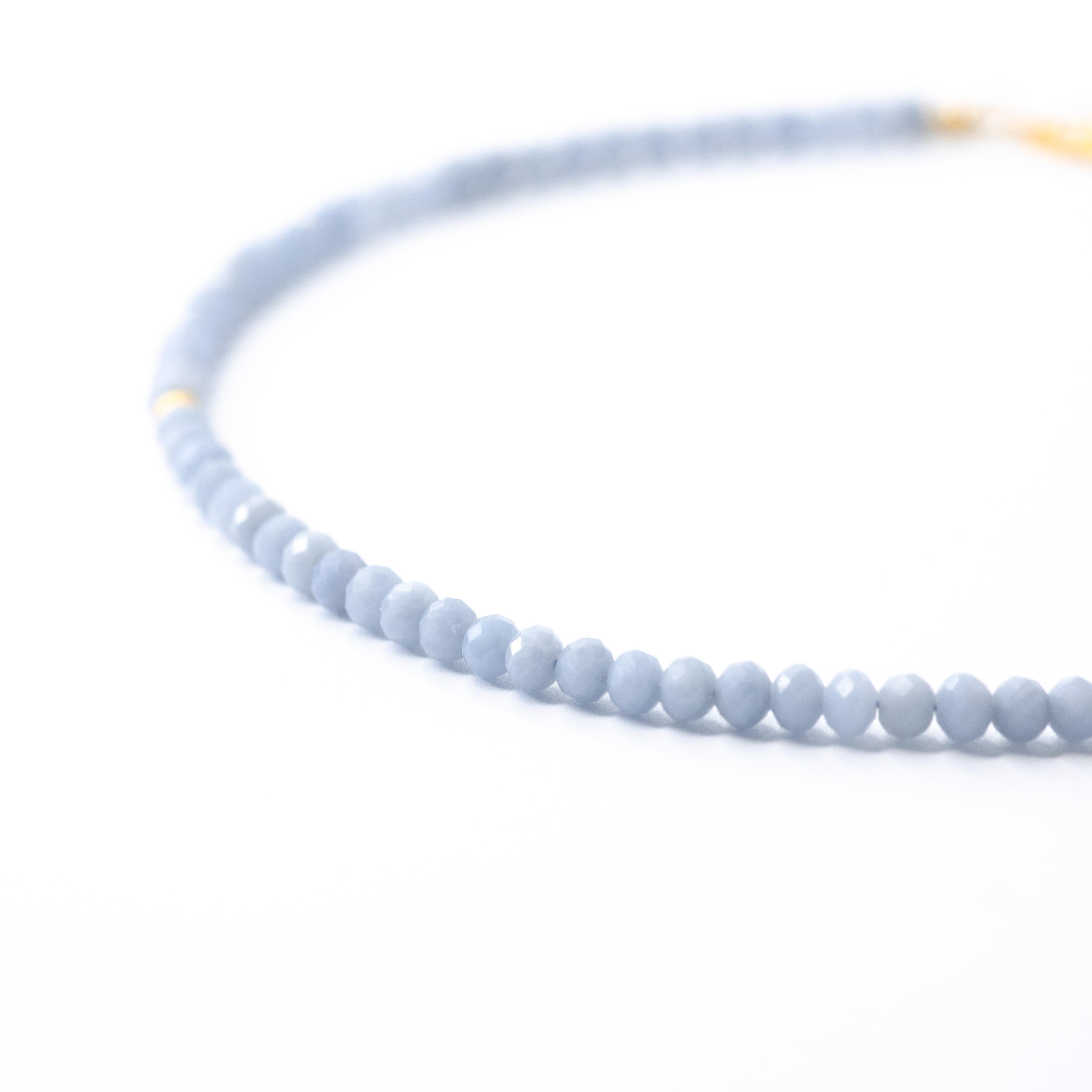 Artisan Baby Blue Angelite Gold Beaded Necklace - by Bombyx House For Sale