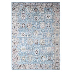 Baby Blue Antiqued Tabriz with Leaf Design Hand Knotted Wool Rug 9'6" x 13'3"