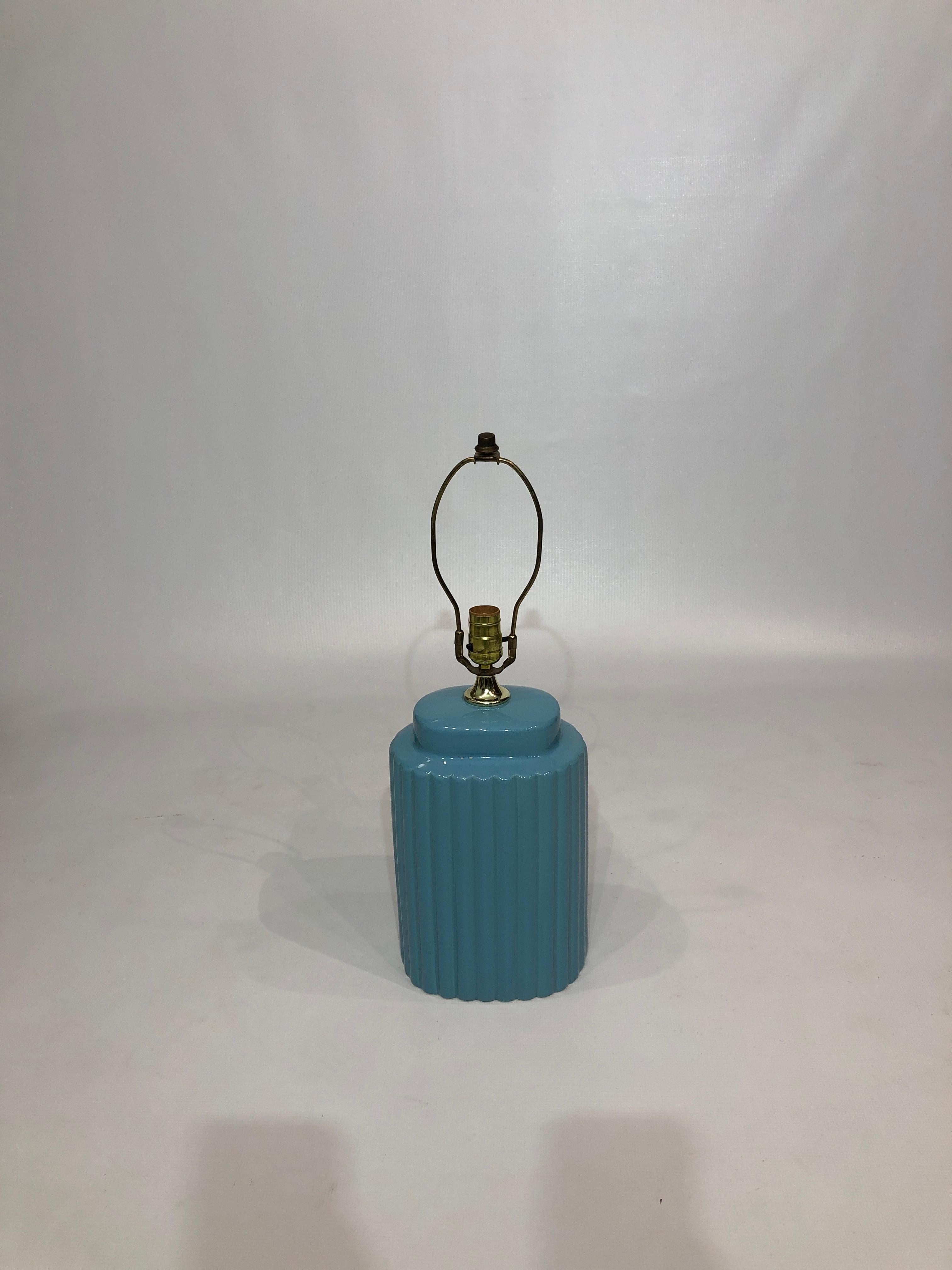 Late 20th Century Baby Blue Ceramic Table Lamp 1970s Art Deco Style Hollywood Regency Pastel 1980s For Sale
