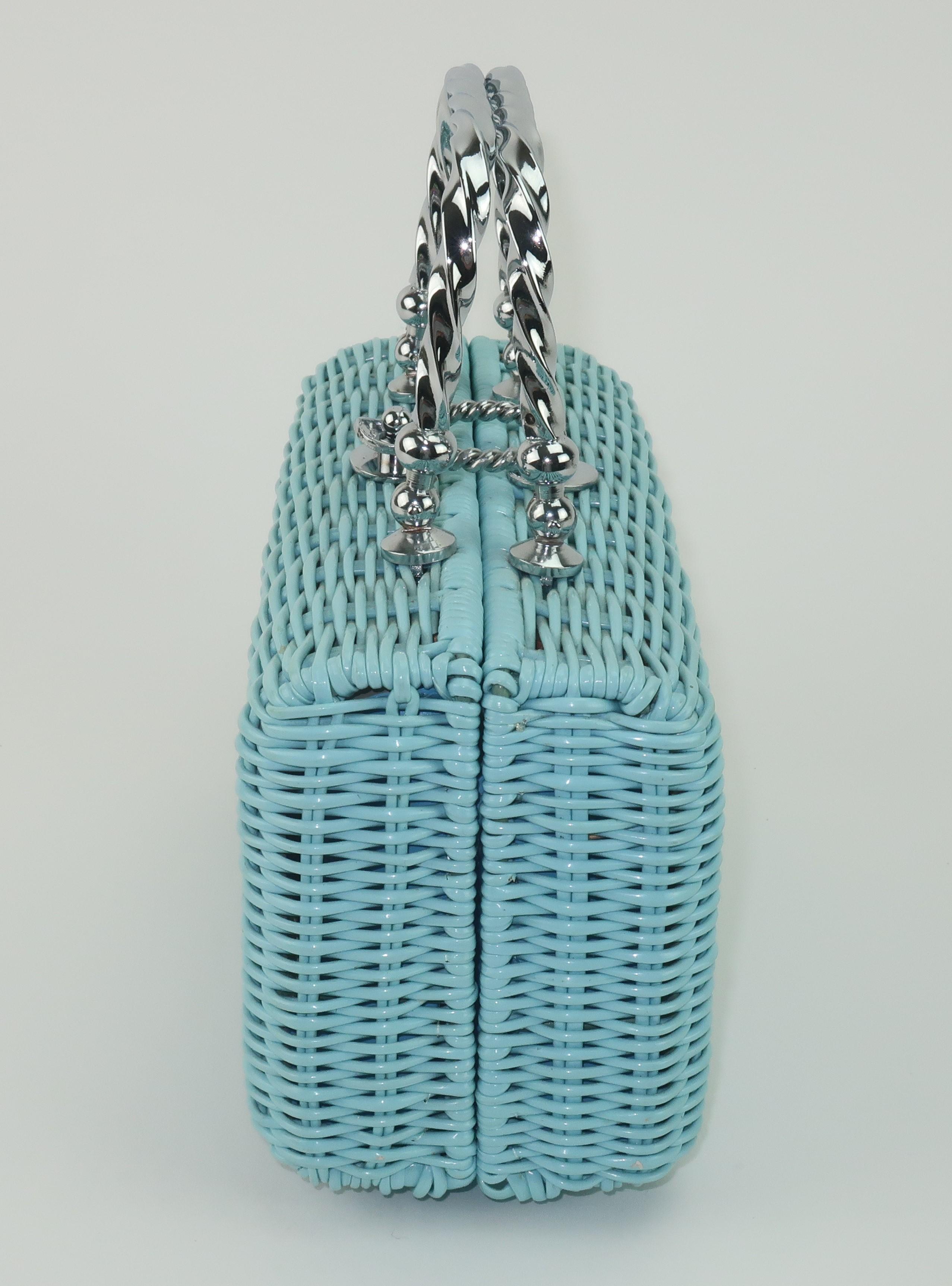 Baby Blue Coated Wicker Handbag With Silver Top Handle, 1960's In Good Condition In Atlanta, GA