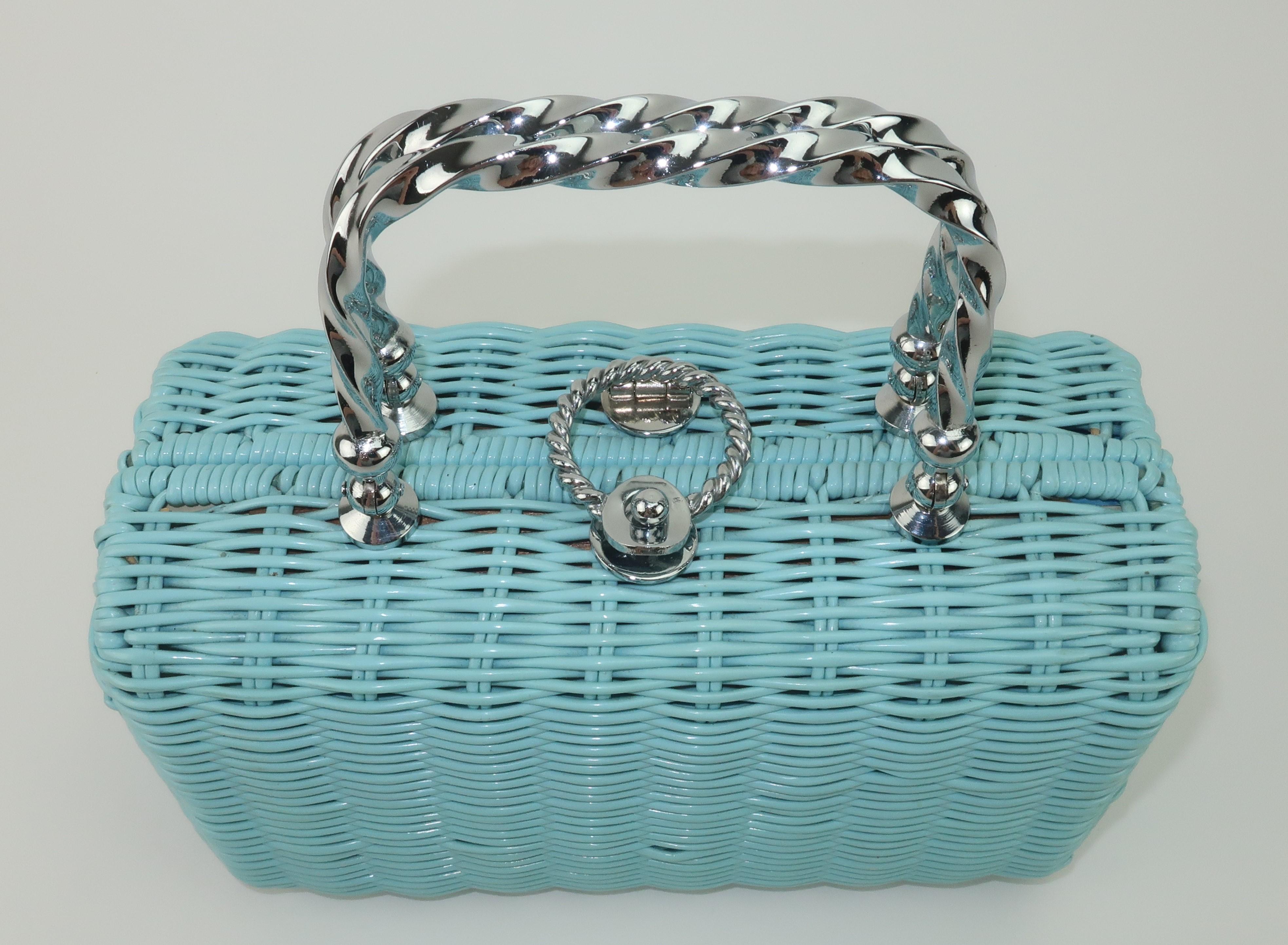 Baby Blue Coated Wicker Handbag With Silver Top Handle, 1960's 1