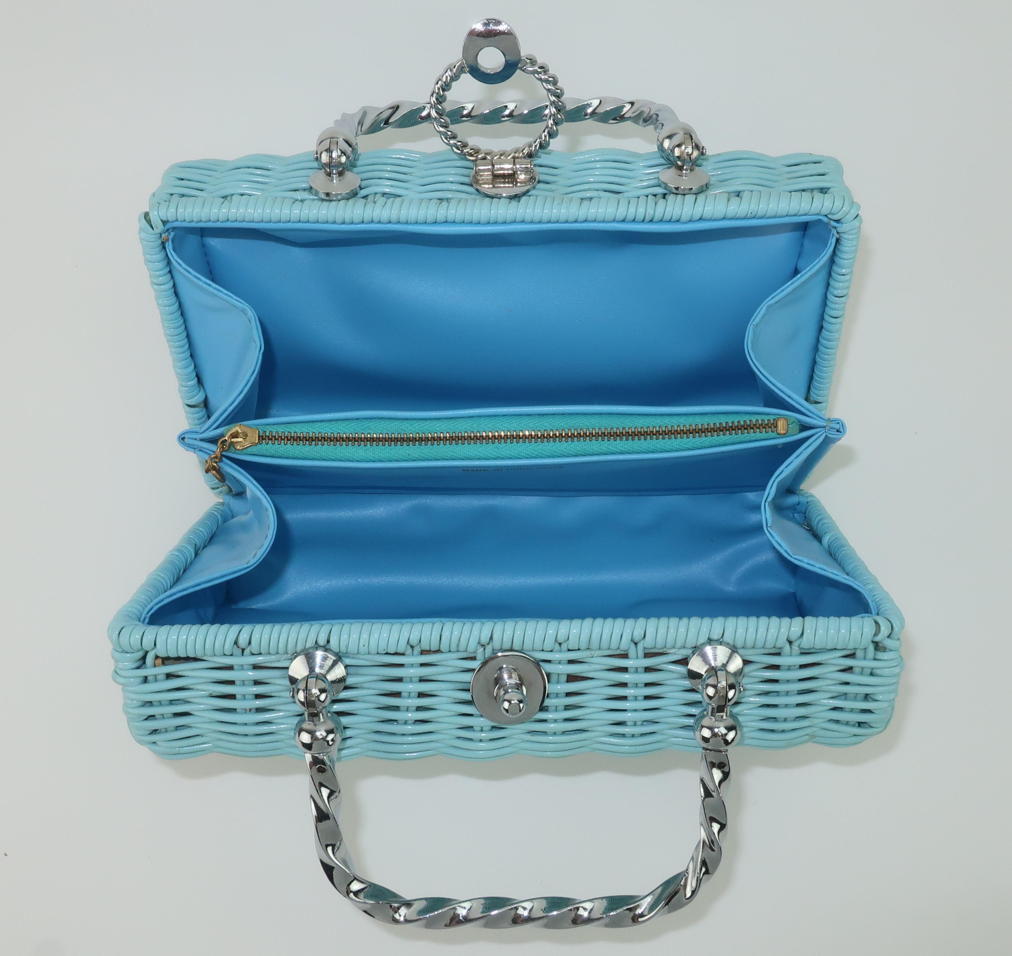 Baby Blue Coated Wicker Handbag With Silver Top Handle, 1960's 3