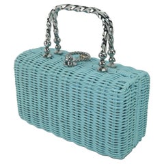 Baby Blue Coated Wicker Handbag With Silver Top Handle, 1960's