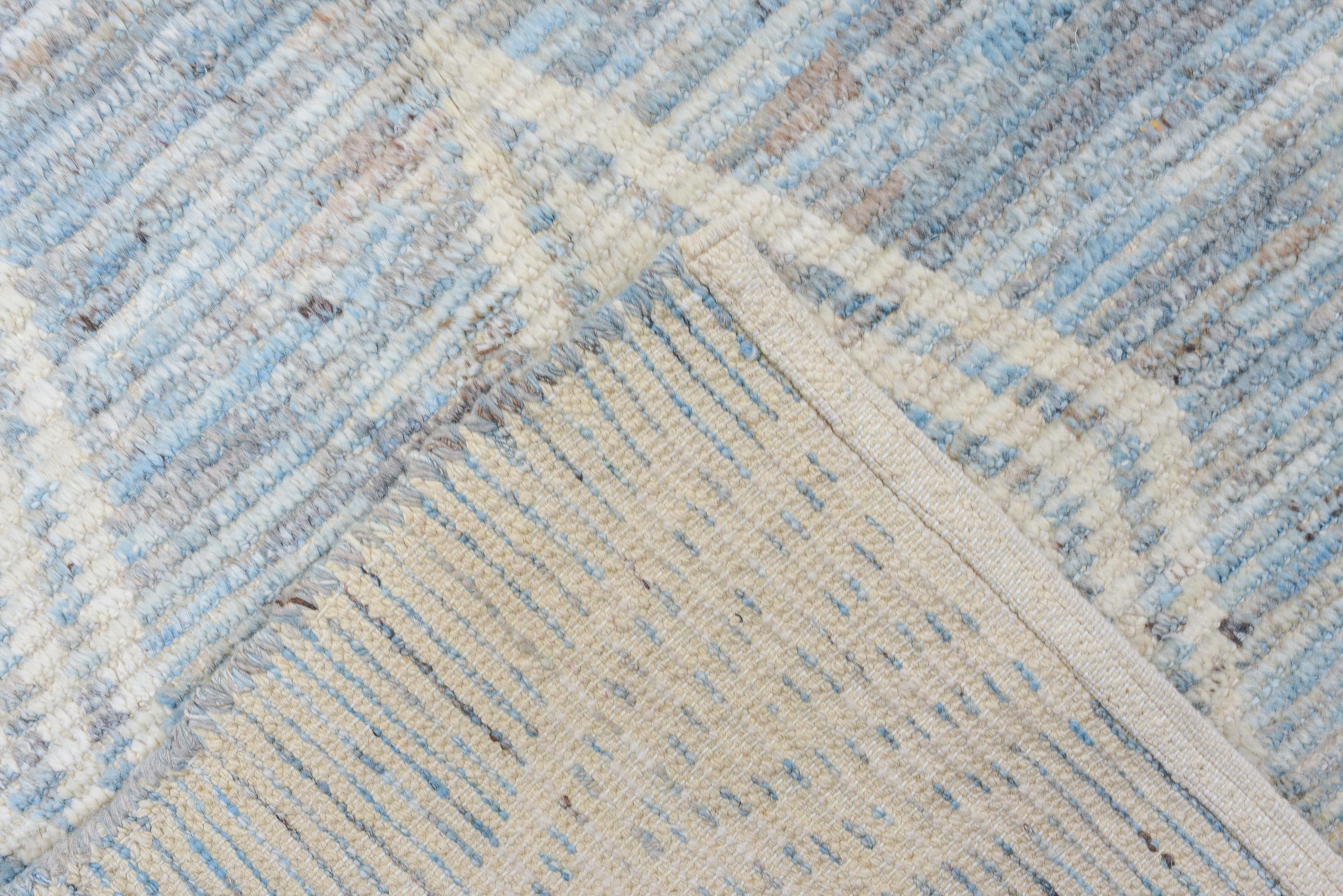 Contemporary Baby Blue Diamond Stamp Allover Tulu Rug For Sale
