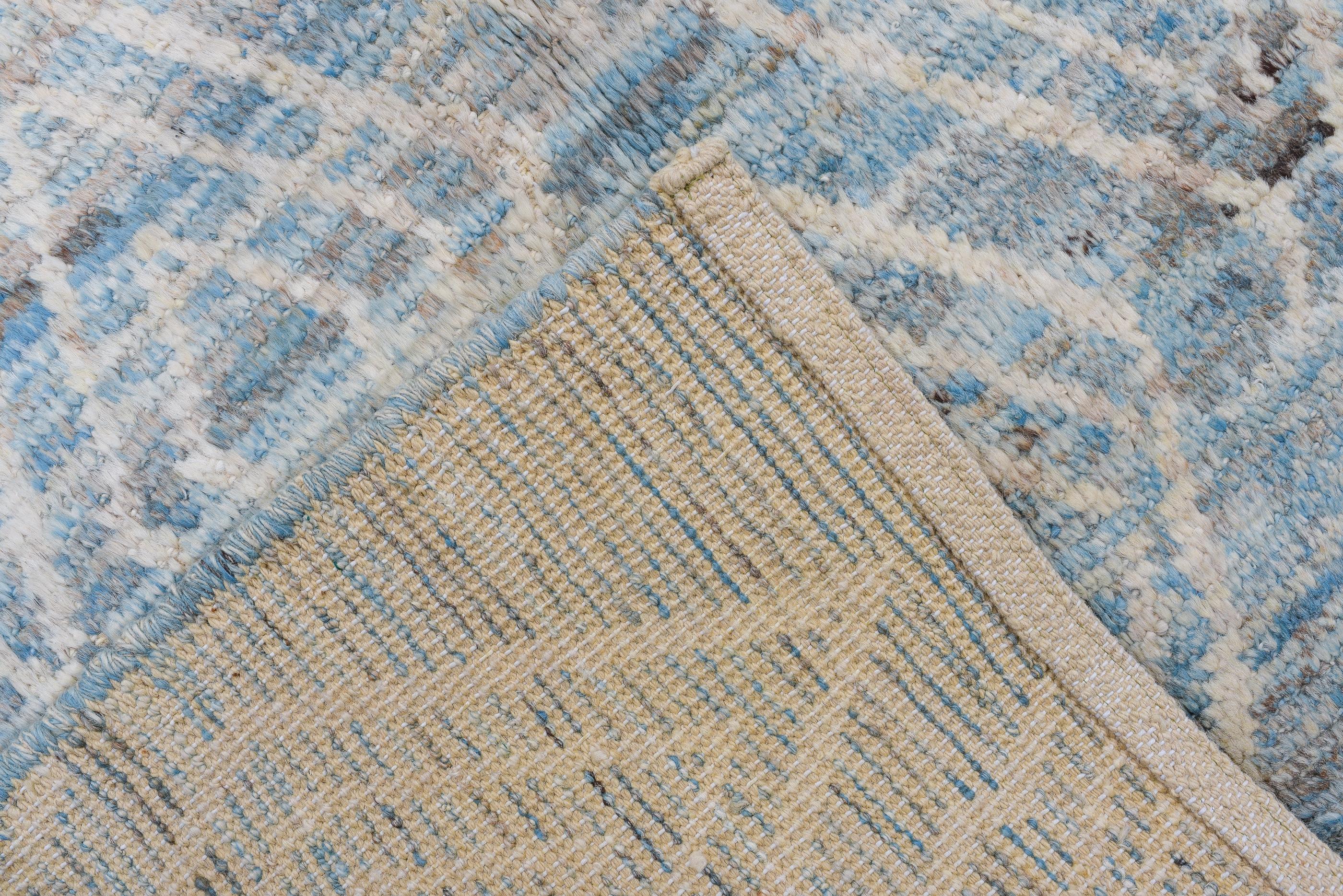Contemporary Baby Blue Diamond Stamp Allover Tulu Rug For Sale