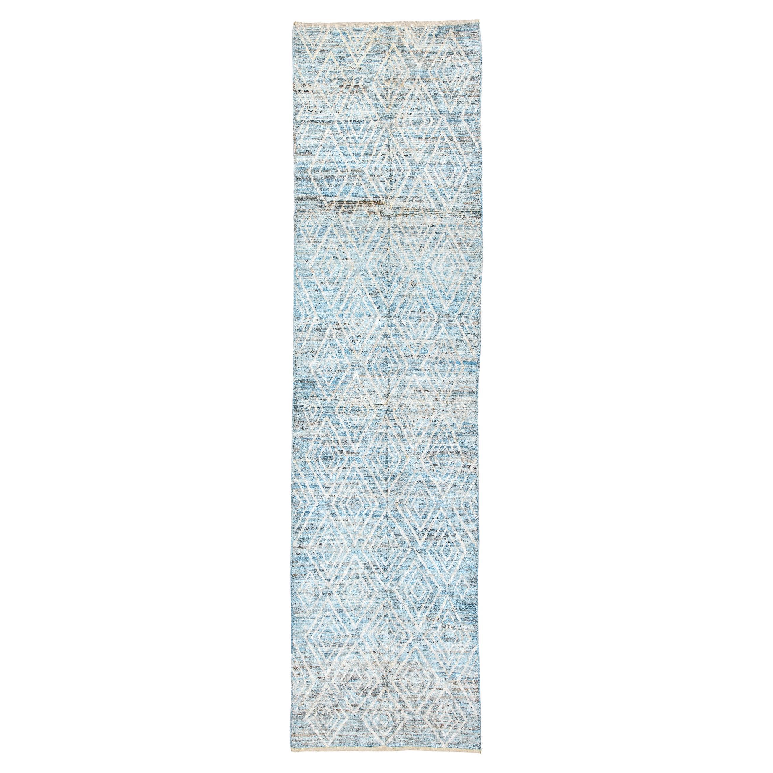 Baby Blue Diamond Stamp Allover Tulu Rug For Sale