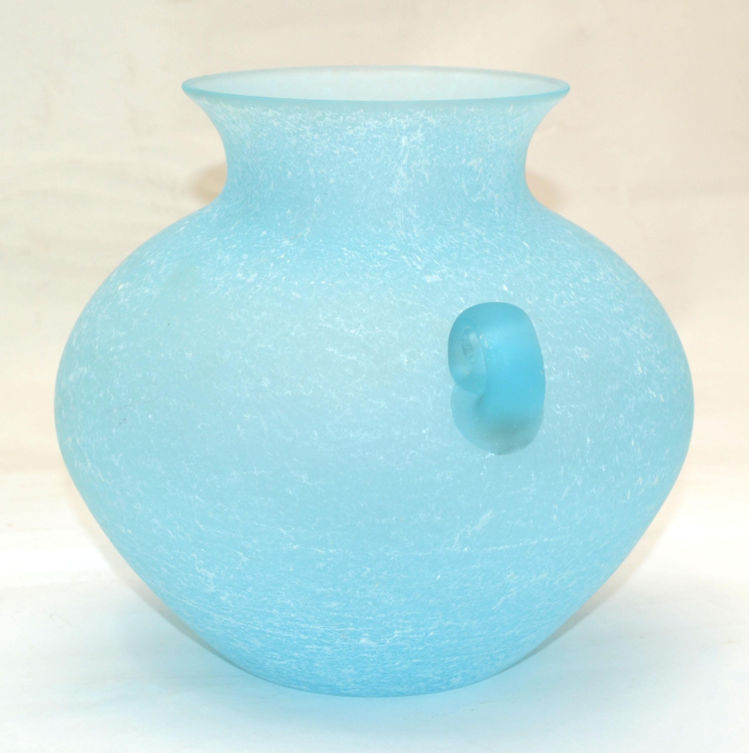 Baby Blue Italian Scavo Glass Wheat Vase with Handles, Vessel, Italy 1980 3