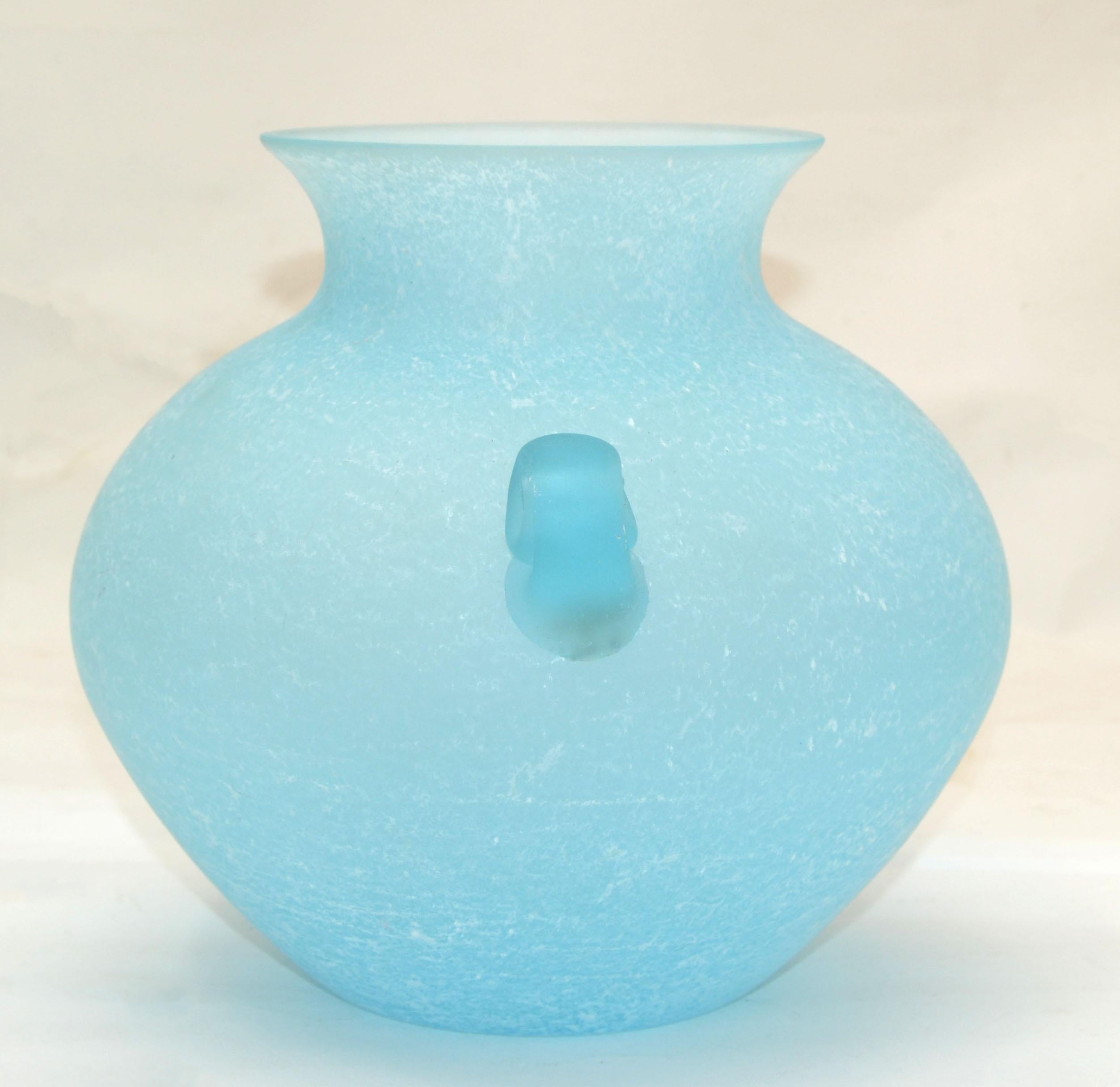 Baby Blue Italian Scavo Glass Wheat Vase with Handles, Vessel, Italy 1980 4