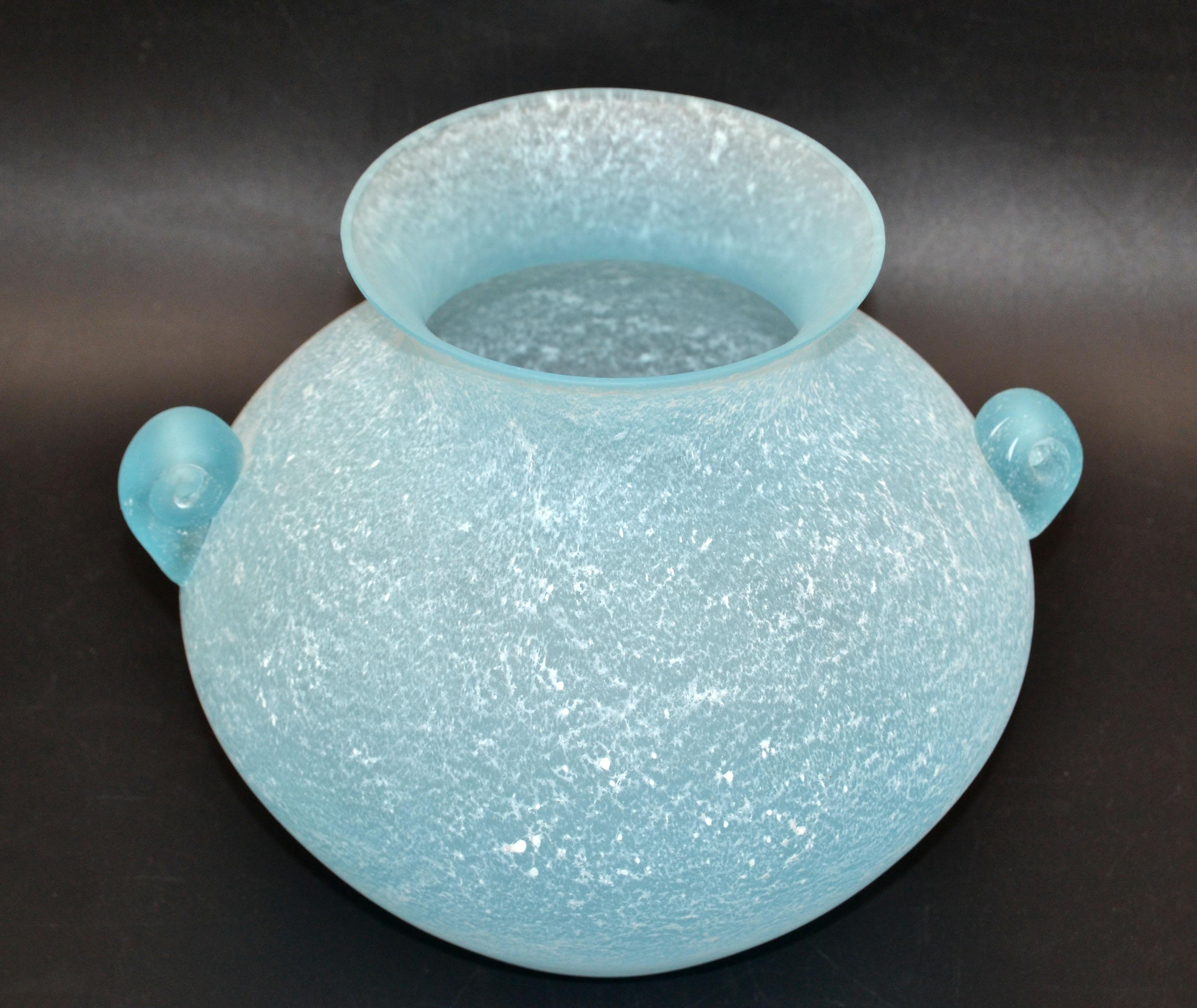 Baby Blue Italian Scavo Glass Wheat Vase with Handles, Vessel, Italy 1980 9