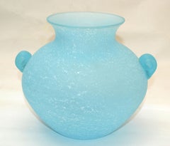 Baby Blue Italian Scavo Glass Wheat Vase with Handles, Vessel, Italy 1980