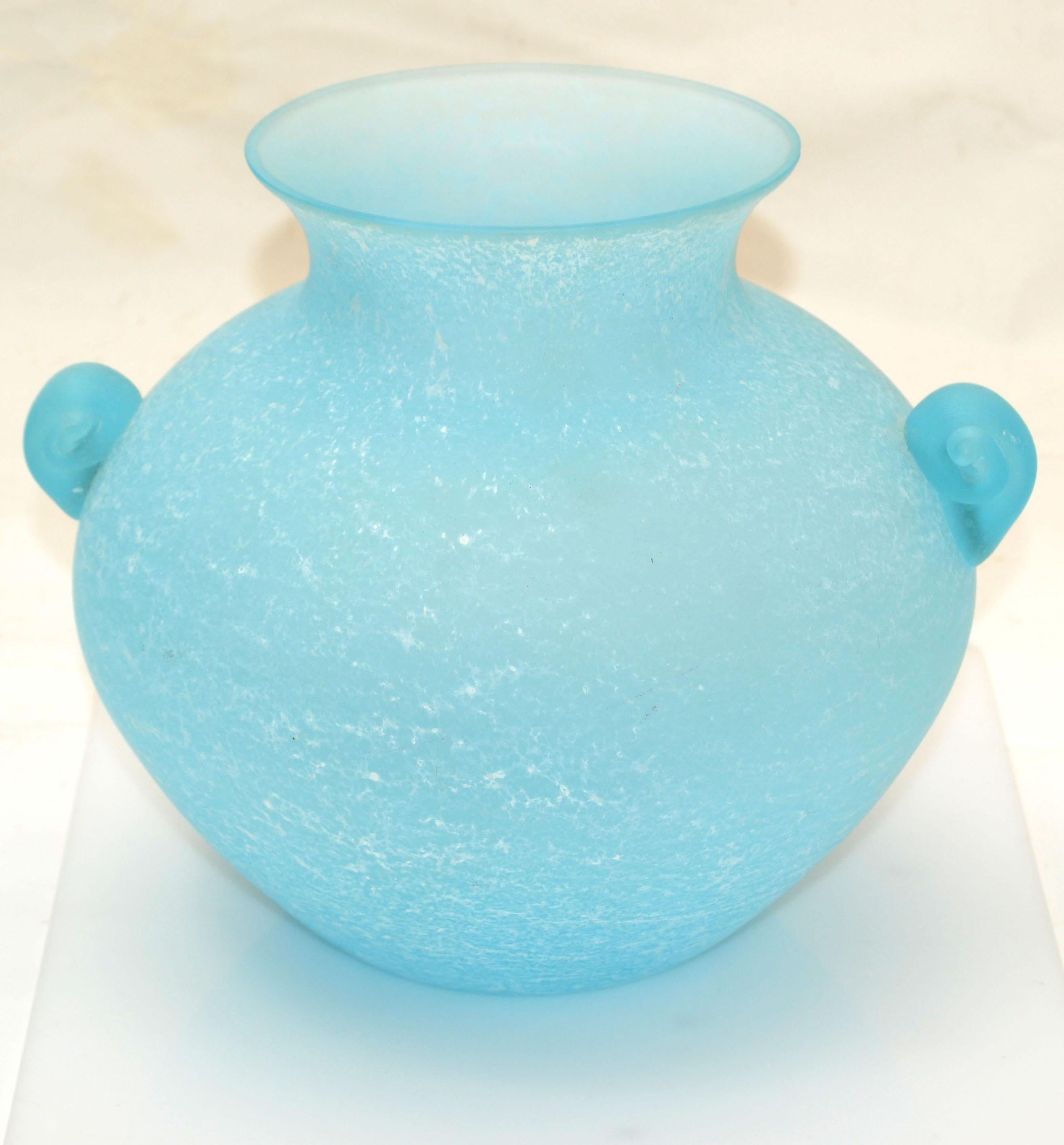 Mid-Century Modern Baby Blue Italian Scavo Glass Wheat Vase with Handles, Vessel, Italy 1980