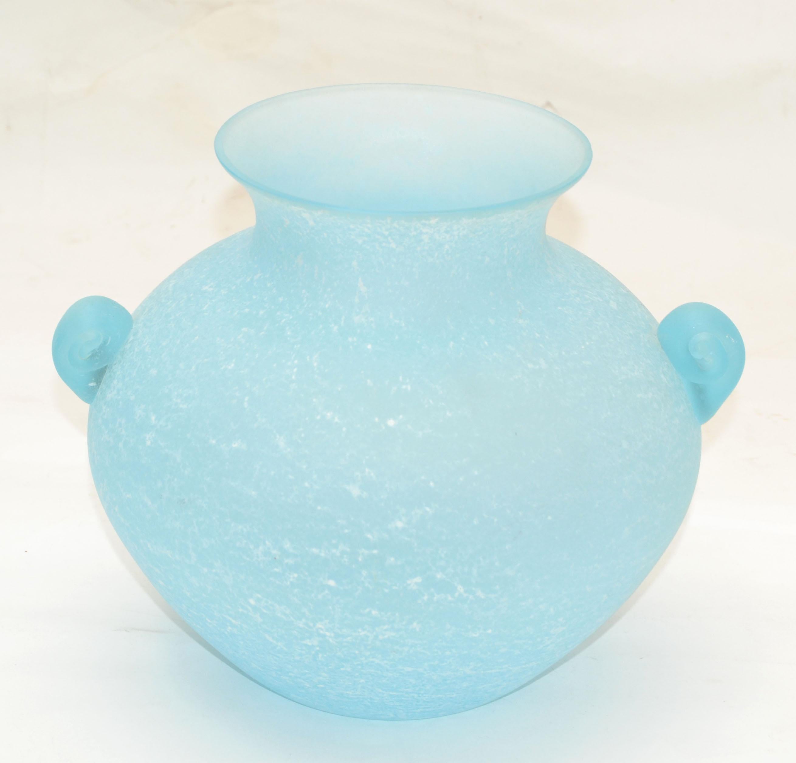 Hand-Crafted Baby Blue Italian Scavo Glass Wheat Vase with Handles, Vessel, Italy 1980