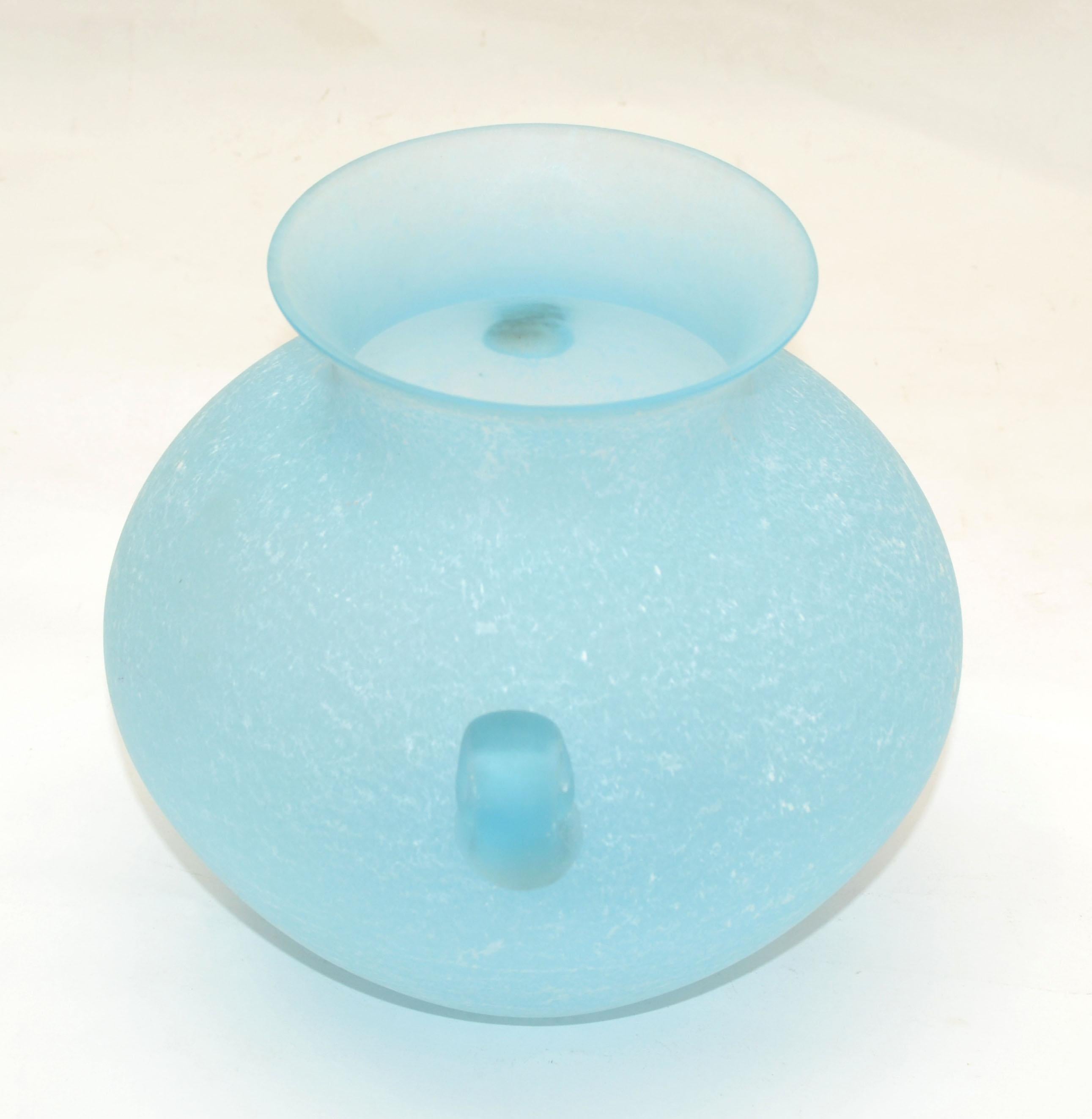 Late 20th Century Baby Blue Italian Scavo Glass Wheat Vase with Handles, Vessel, Italy 1980