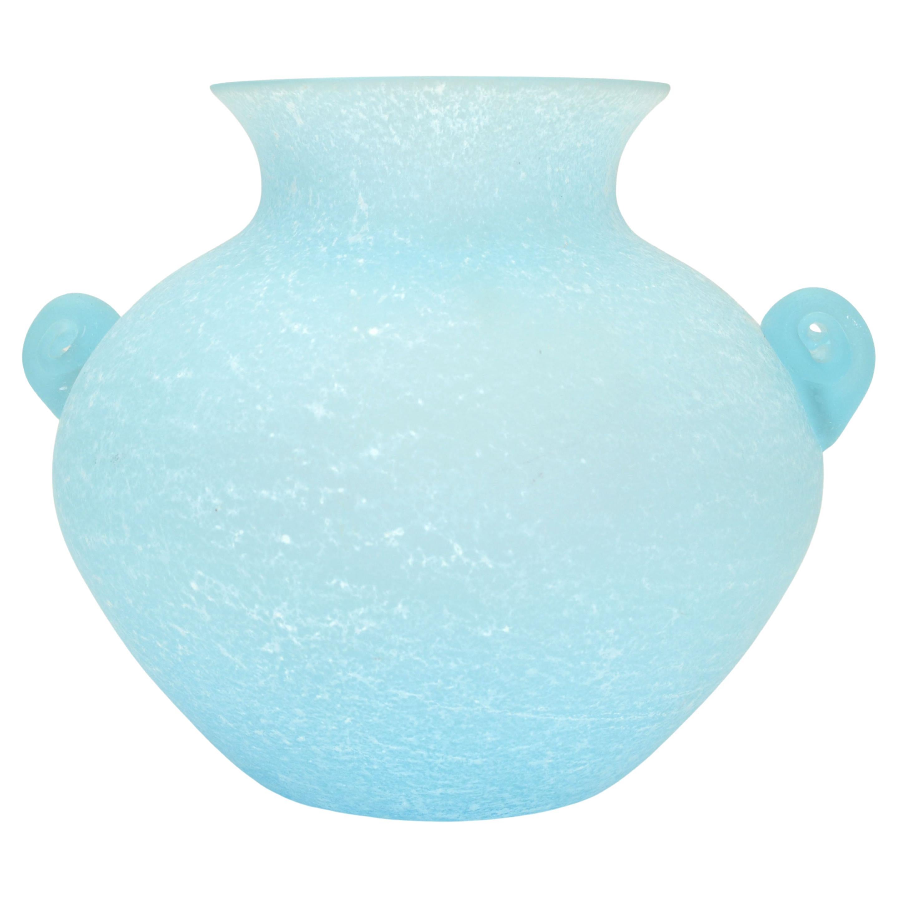 Baby Blue Italian Scavo Glass Wheat Vase with Handles, Vessel, Italy 1980