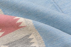 Baby Blue Scandinavian Rollaken Flatweave Rug, Colorful Decorative Borders