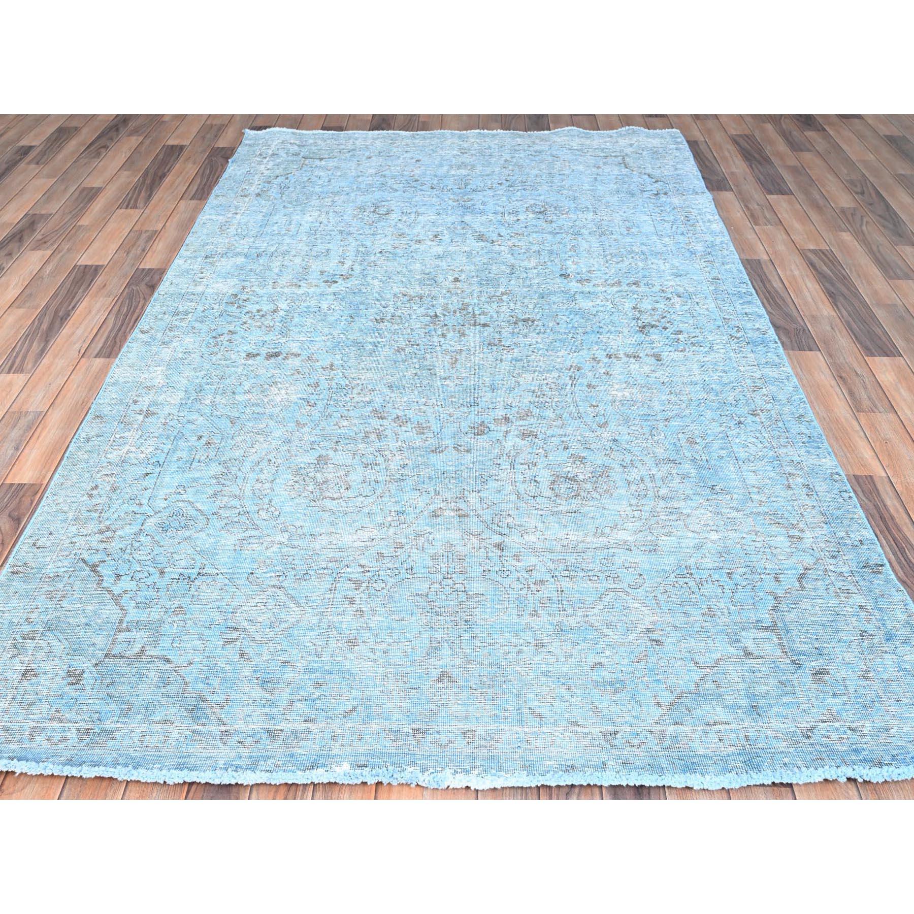 Hand-Knotted Baby Blue Vintage Persian Tabriz Distressed Overdyed Worn Wool Hand Knotted Rug For Sale