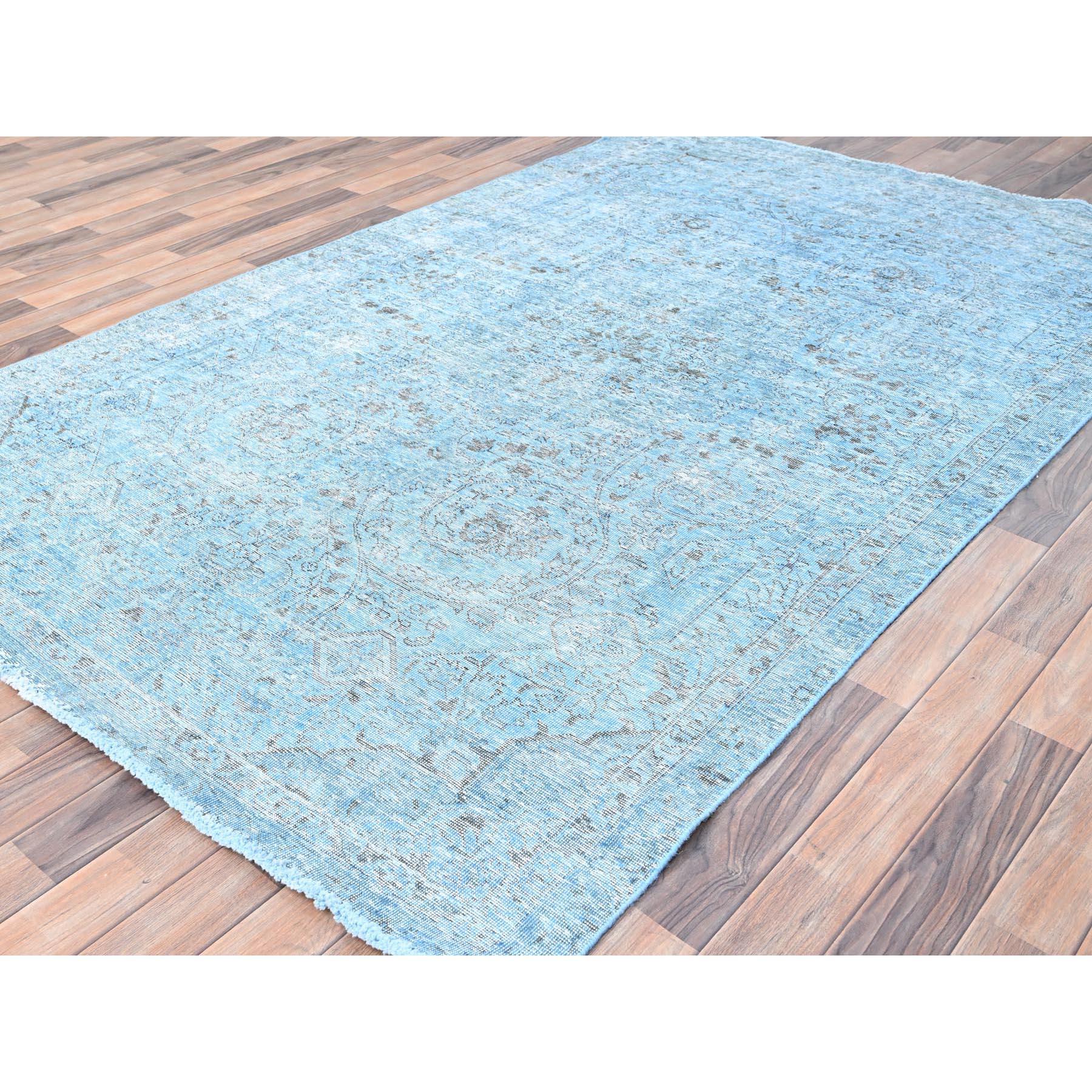 Baby Blue Vintage Persian Tabriz Distressed Overdyed Worn Wool Hand Knotted Rug In Fair Condition For Sale In Carlstadt, NJ