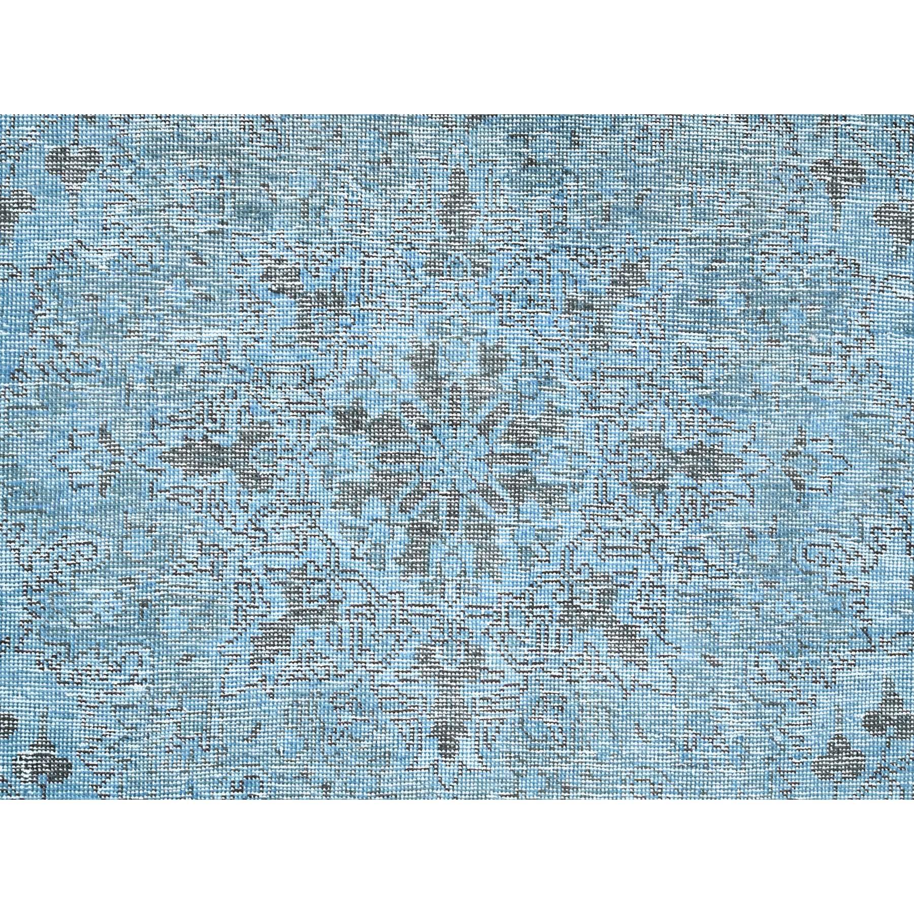 Baby Blue Vintage Persian Tabriz Distressed Overdyed Worn Wool Hand Knotted Rug For Sale 4