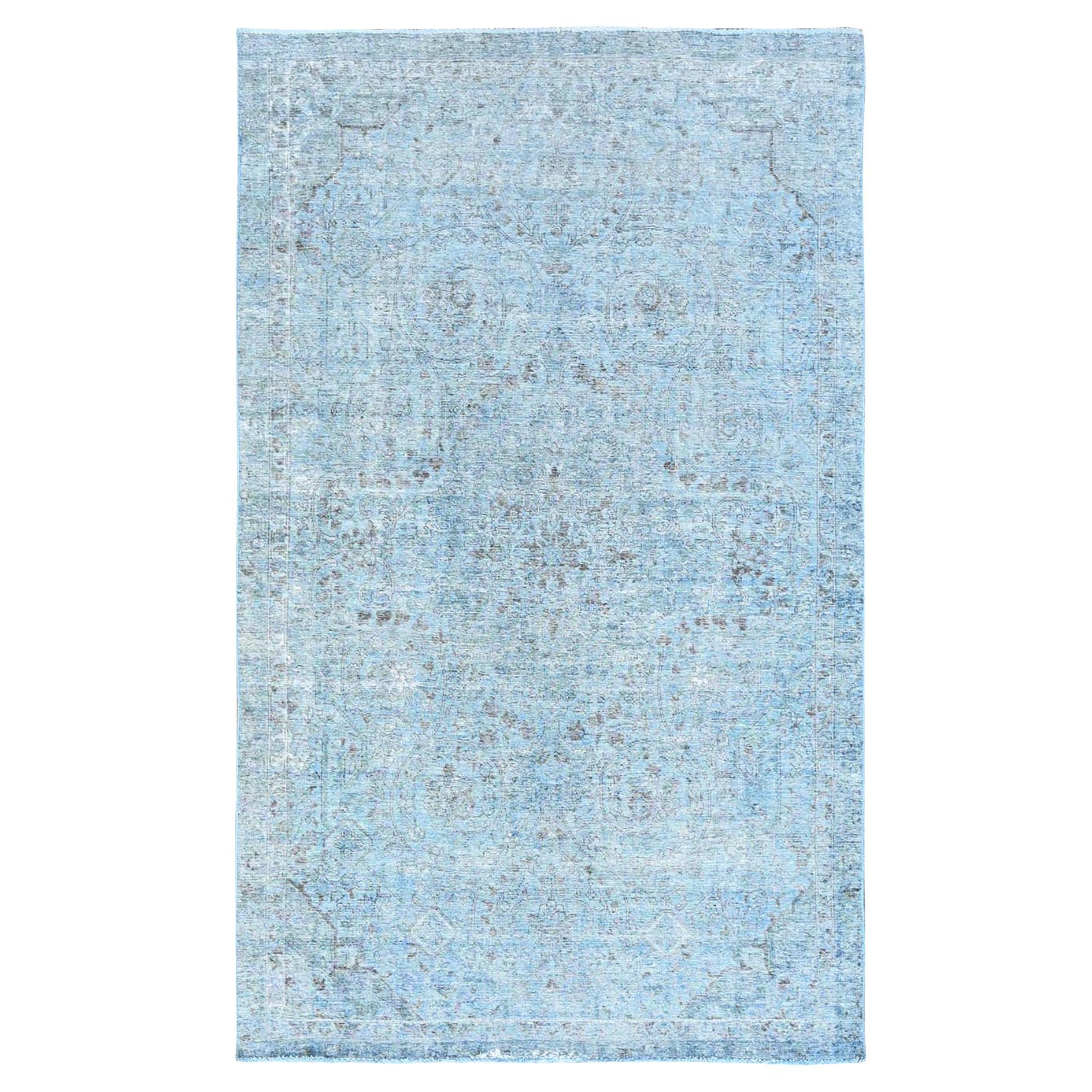 Baby Blue Vintage Persian Tabriz Distressed Overdyed Worn Wool Hand Knotted Rug For Sale