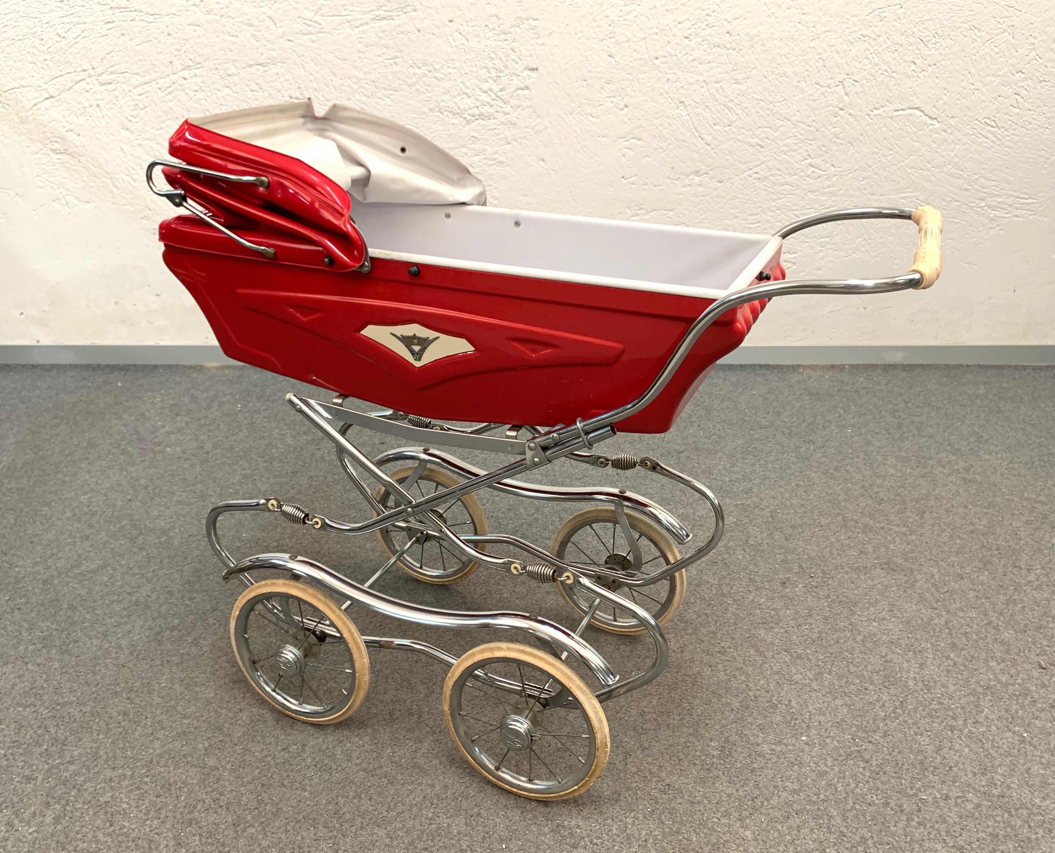 Baby Cars Midcentury Red Steel and Plastic Italian Baby Pram Stroller, 1950s 5