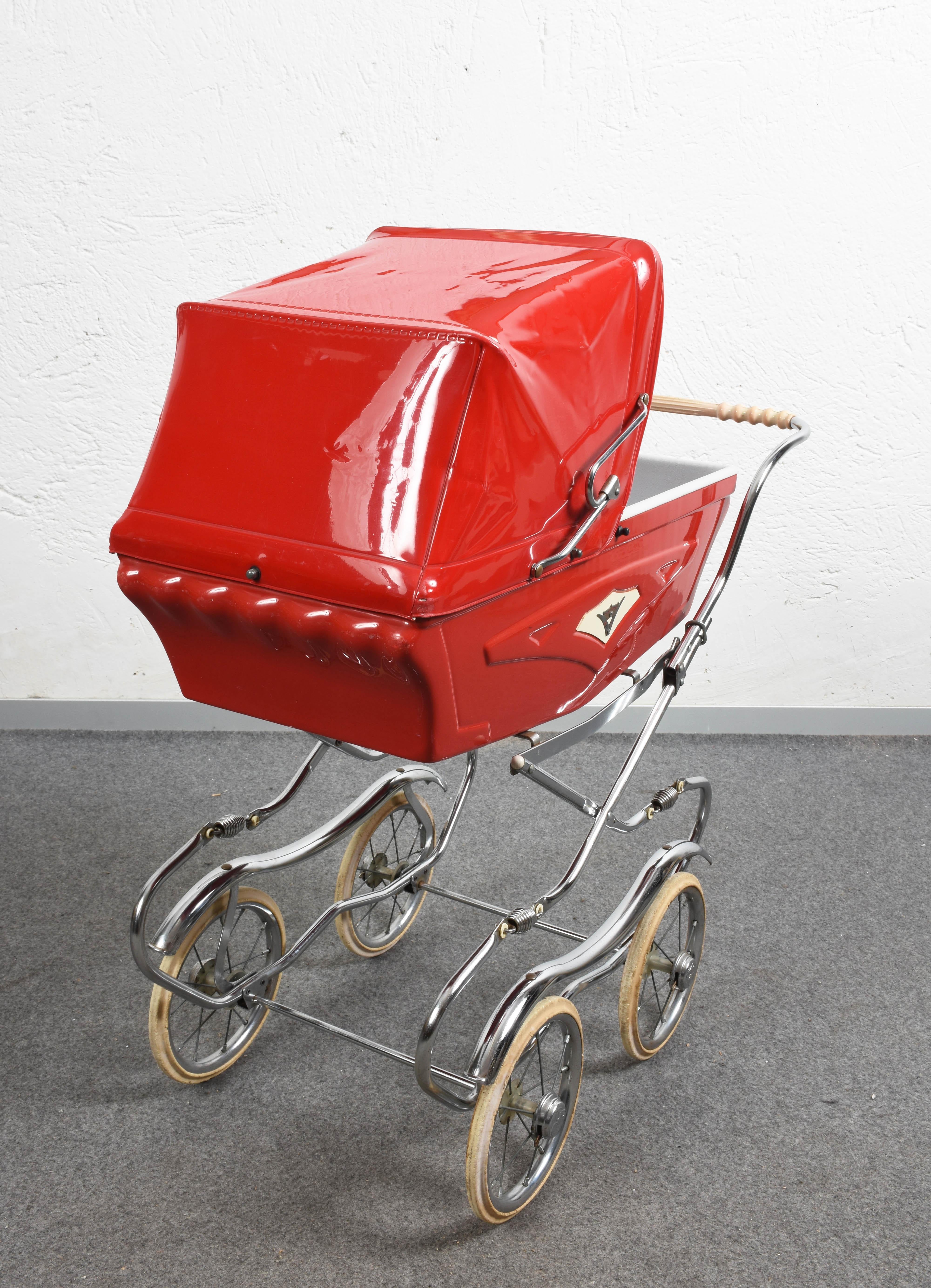 Mid-Century Modern Baby Cars Midcentury Red Steel and Plastic Italian Baby Pram Stroller, 1950s